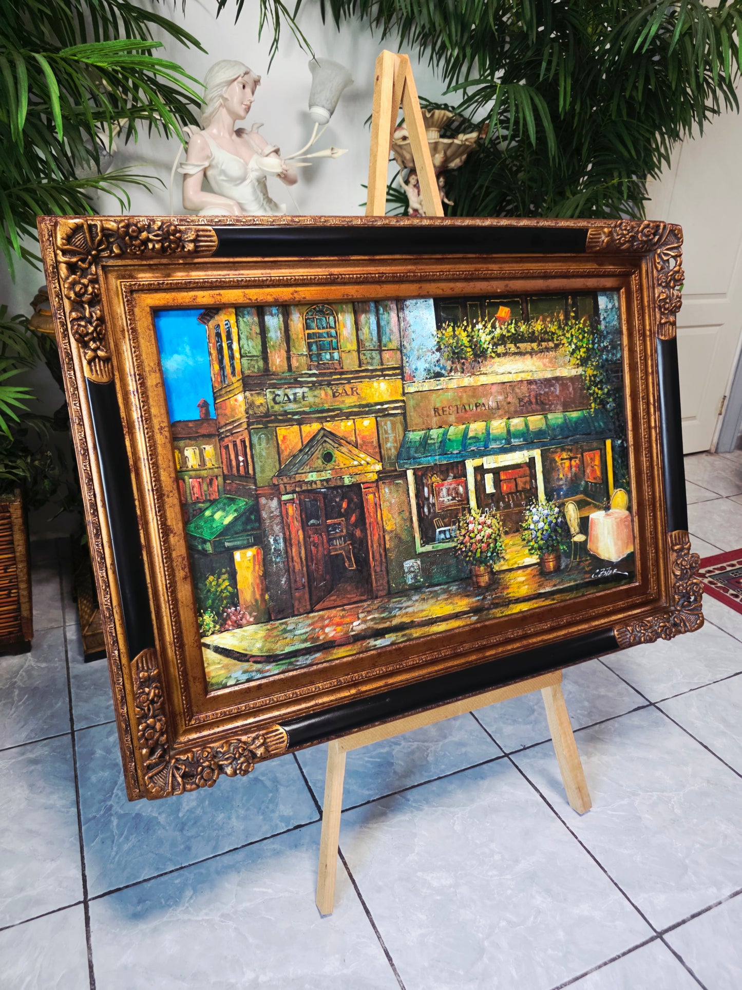 Cuadro al Oleo Firmado por C. Ester – Escena Urbana con Café Europeo 🌸🌿🖌️