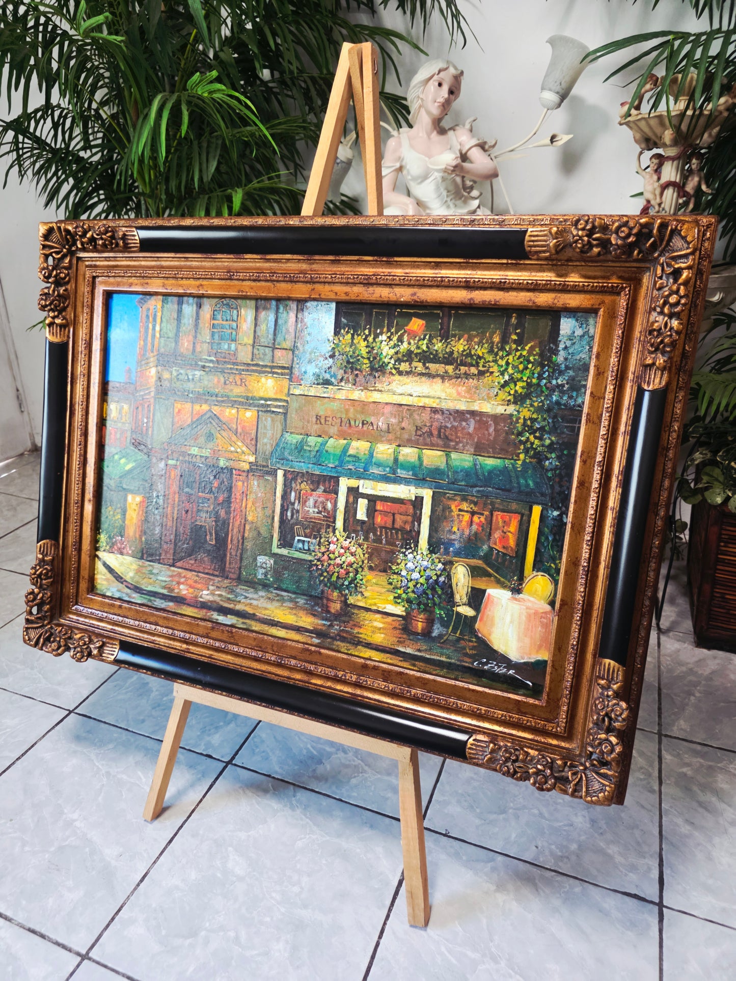 Cuadro al Oleo Firmado por C. Ester – Escena Urbana con Café Europeo 🌸🌿🖌️