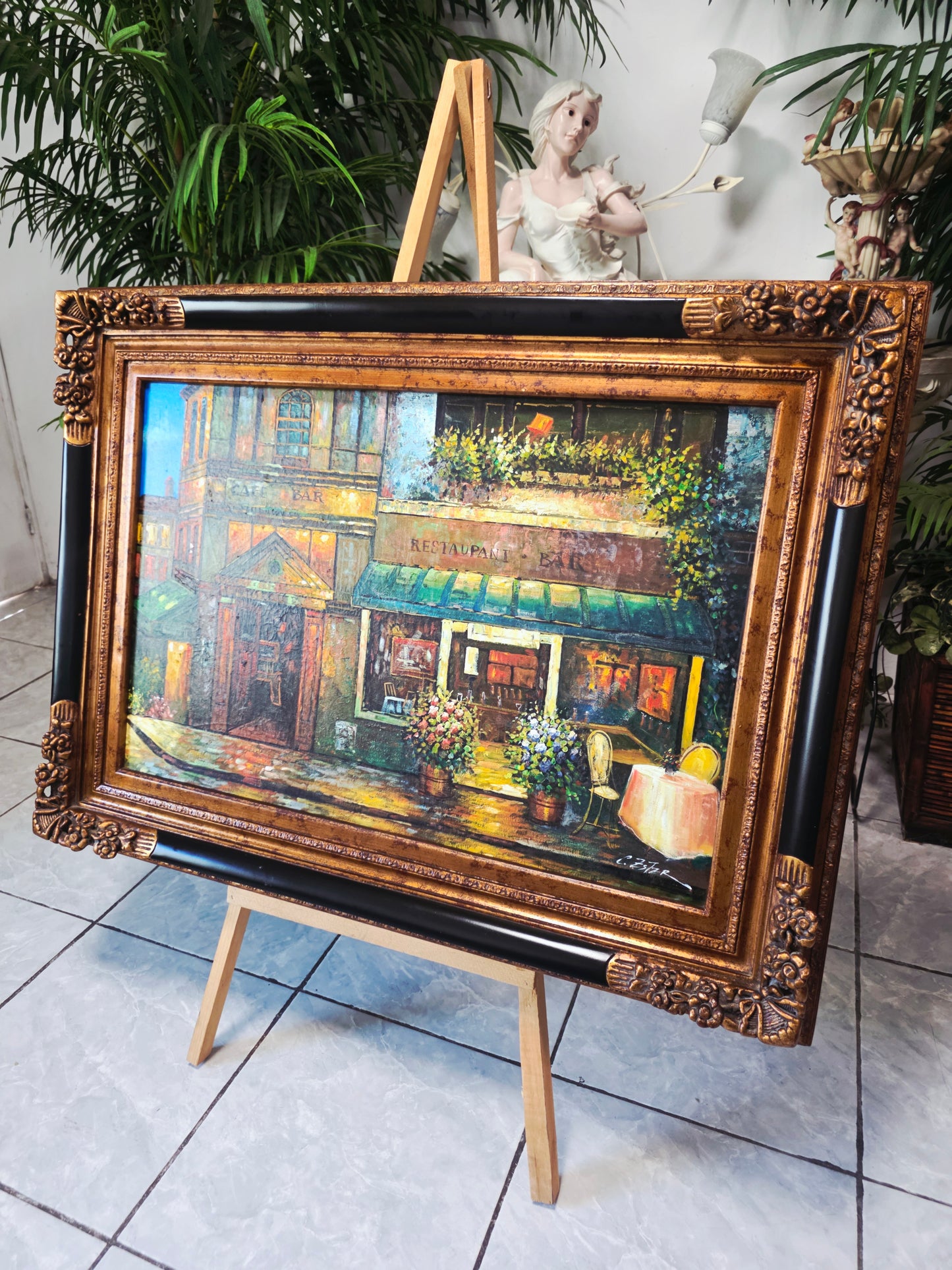 Cuadro al Oleo Firmado por C. Ester – Escena Urbana con Café Europeo 🌸🌿🖌️