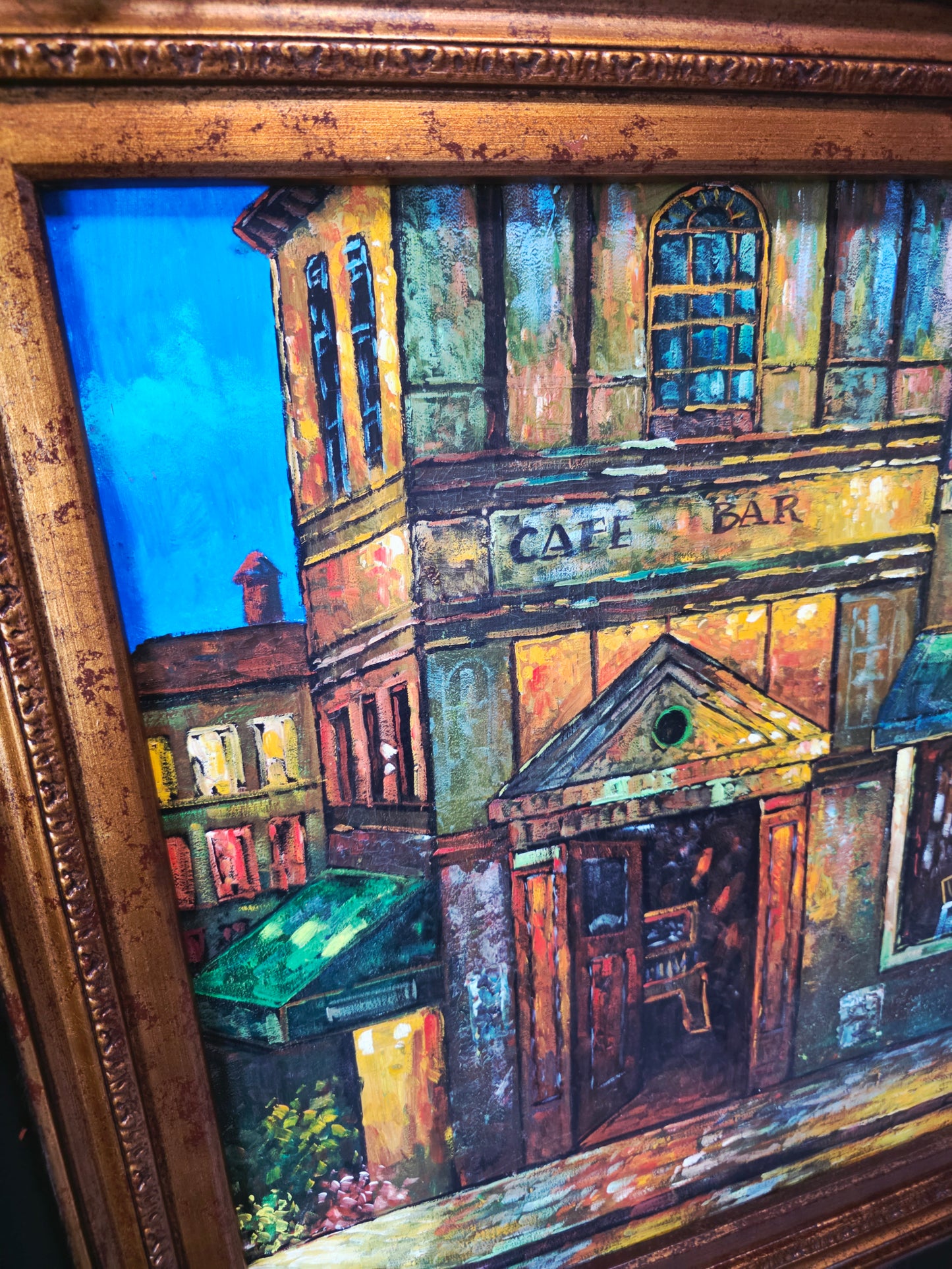 Cuadro al Oleo Firmado por C. Ester – Escena Urbana con Café Europeo 🌸🌿🖌️