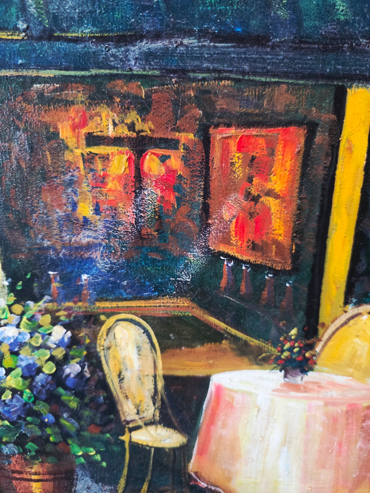 Cuadro al Oleo Firmado por C. Ester – Escena Urbana con Café Europeo 🌸🌿🖌️