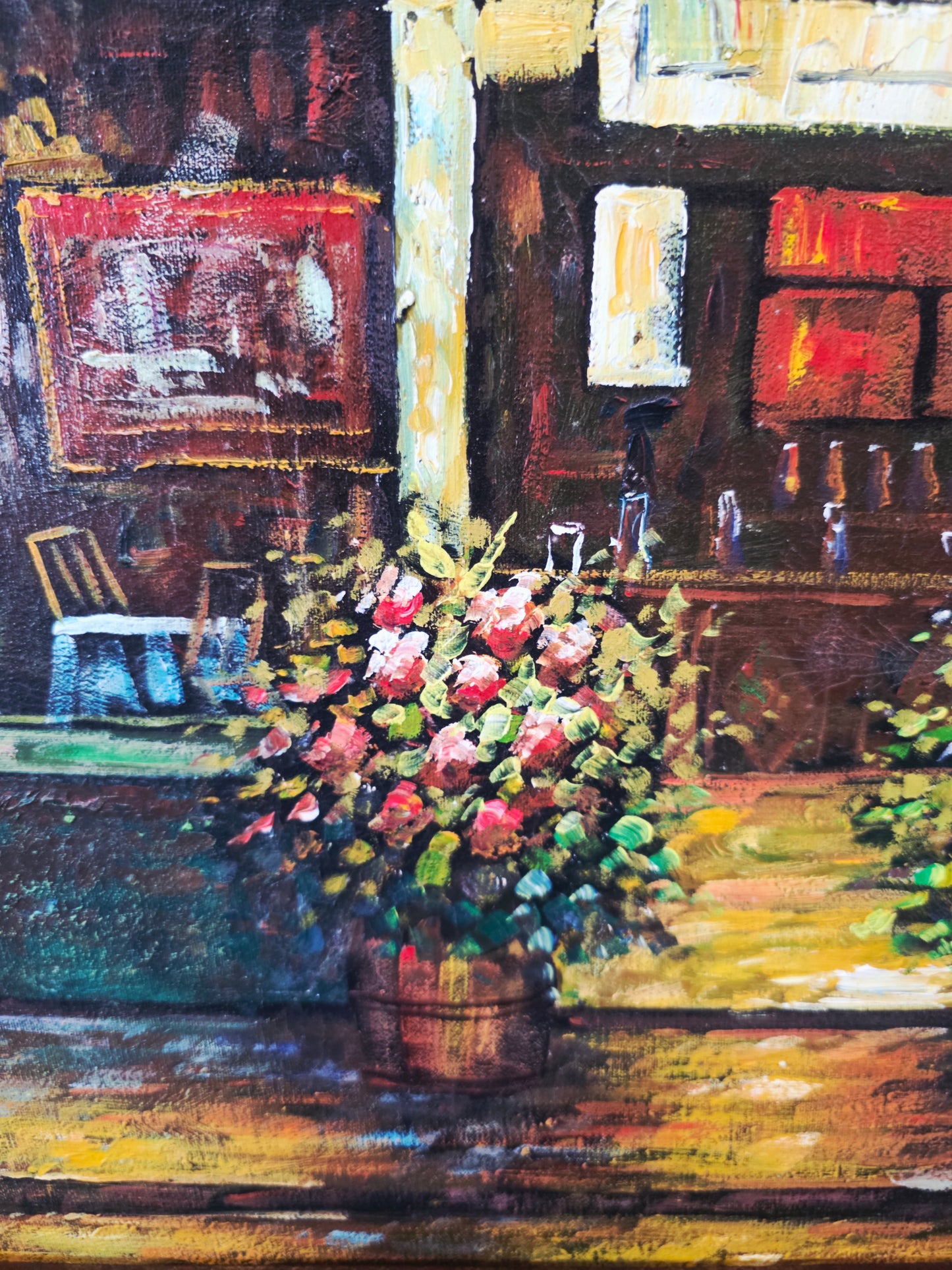 Cuadro al Oleo Firmado por C. Ester – Escena Urbana con Café Europeo 🌸🌿🖌️
