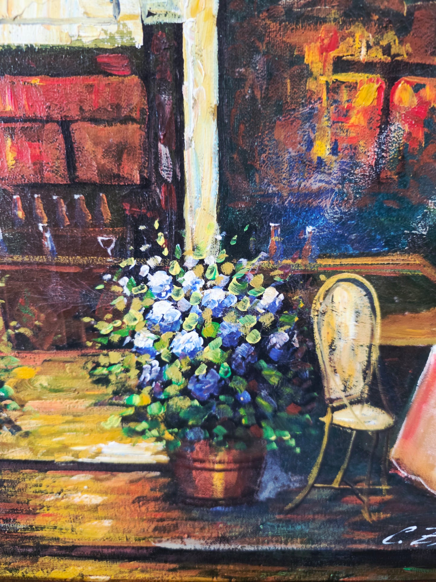 Cuadro al Oleo Firmado por C. Ester – Escena Urbana con Café Europeo 🌸🌿🖌️