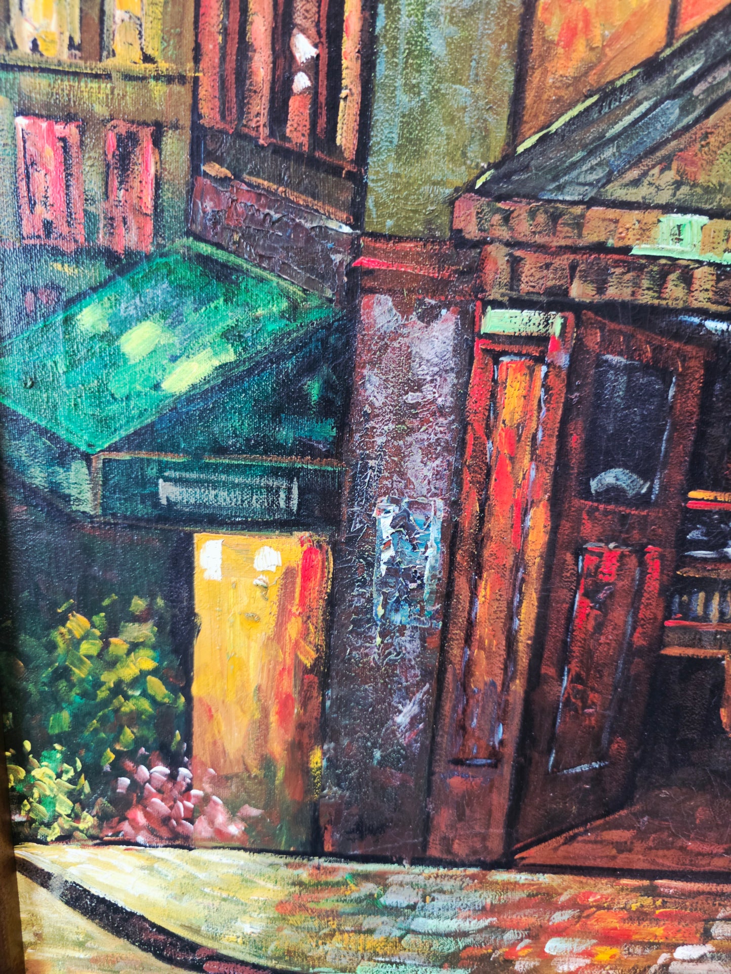 Cuadro al Oleo Firmado por C. Ester – Escena Urbana con Café Europeo 🌸🌿🖌️