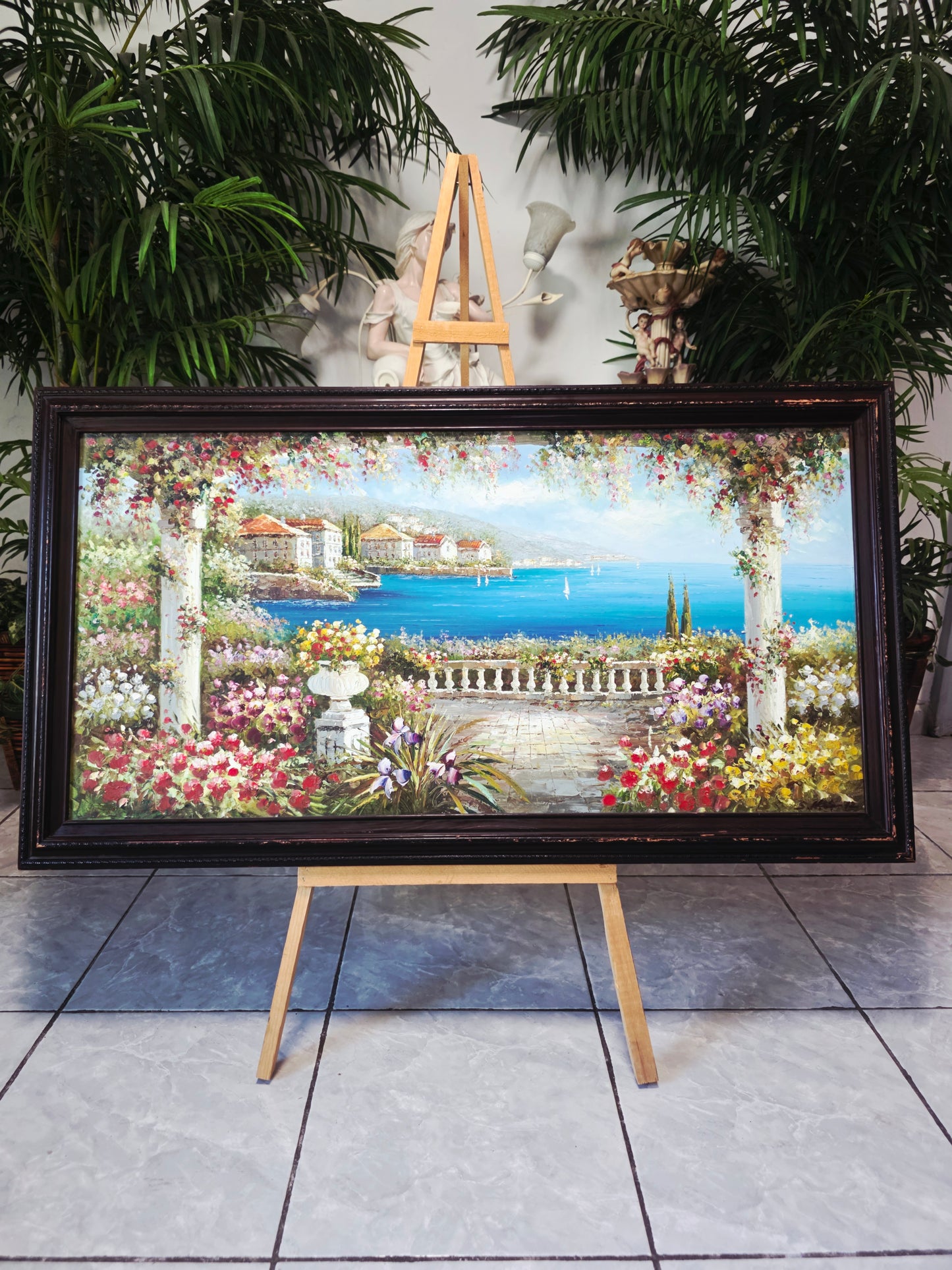 Cuadro al Oleo Firmado por S.N.L. – Paisaje Costero Mediterráneo 🌸🏛️🌸
