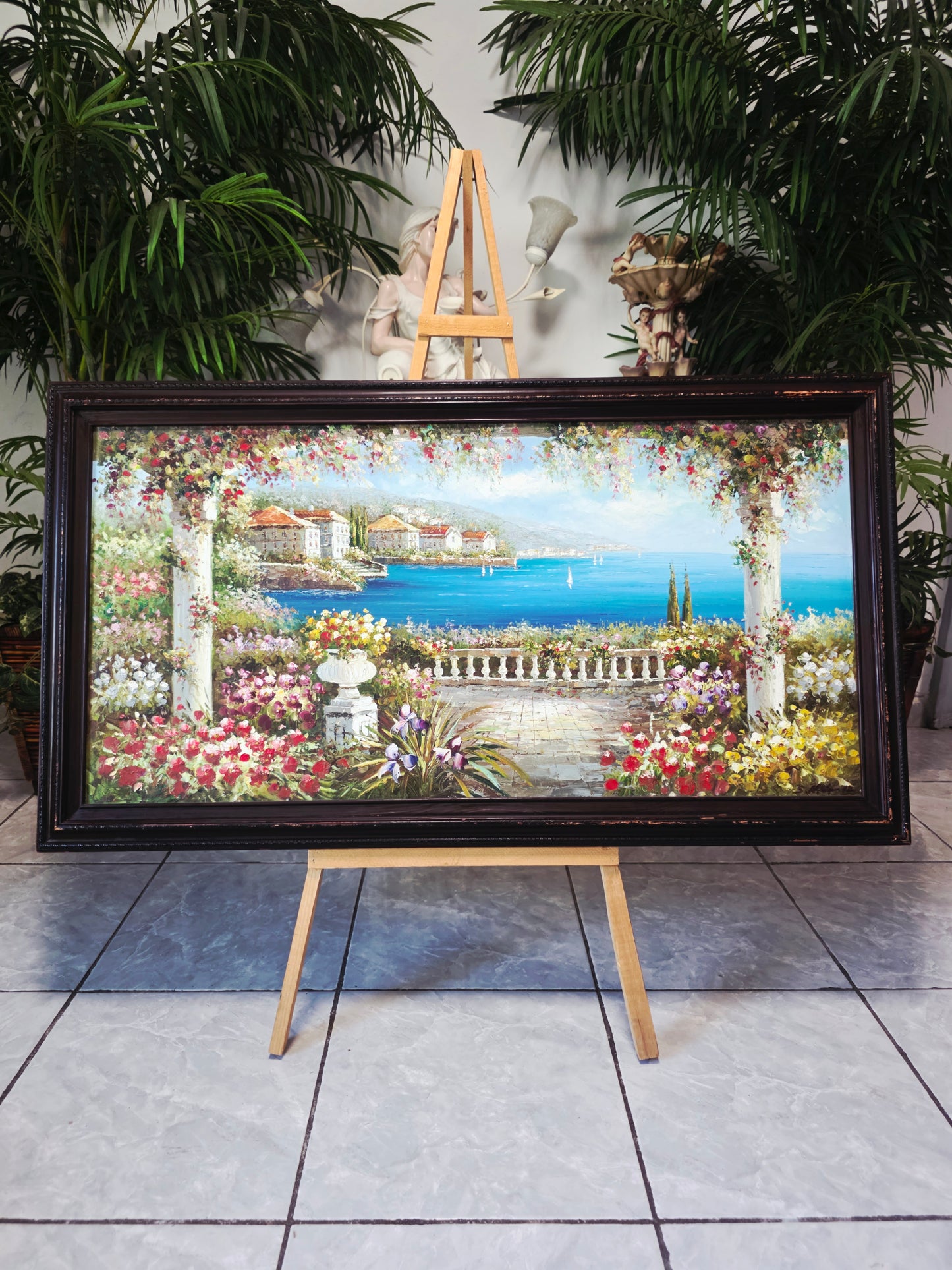 Cuadro al Oleo Firmado por S.N.L. – Paisaje Costero Mediterráneo 🌸🏛️🌸