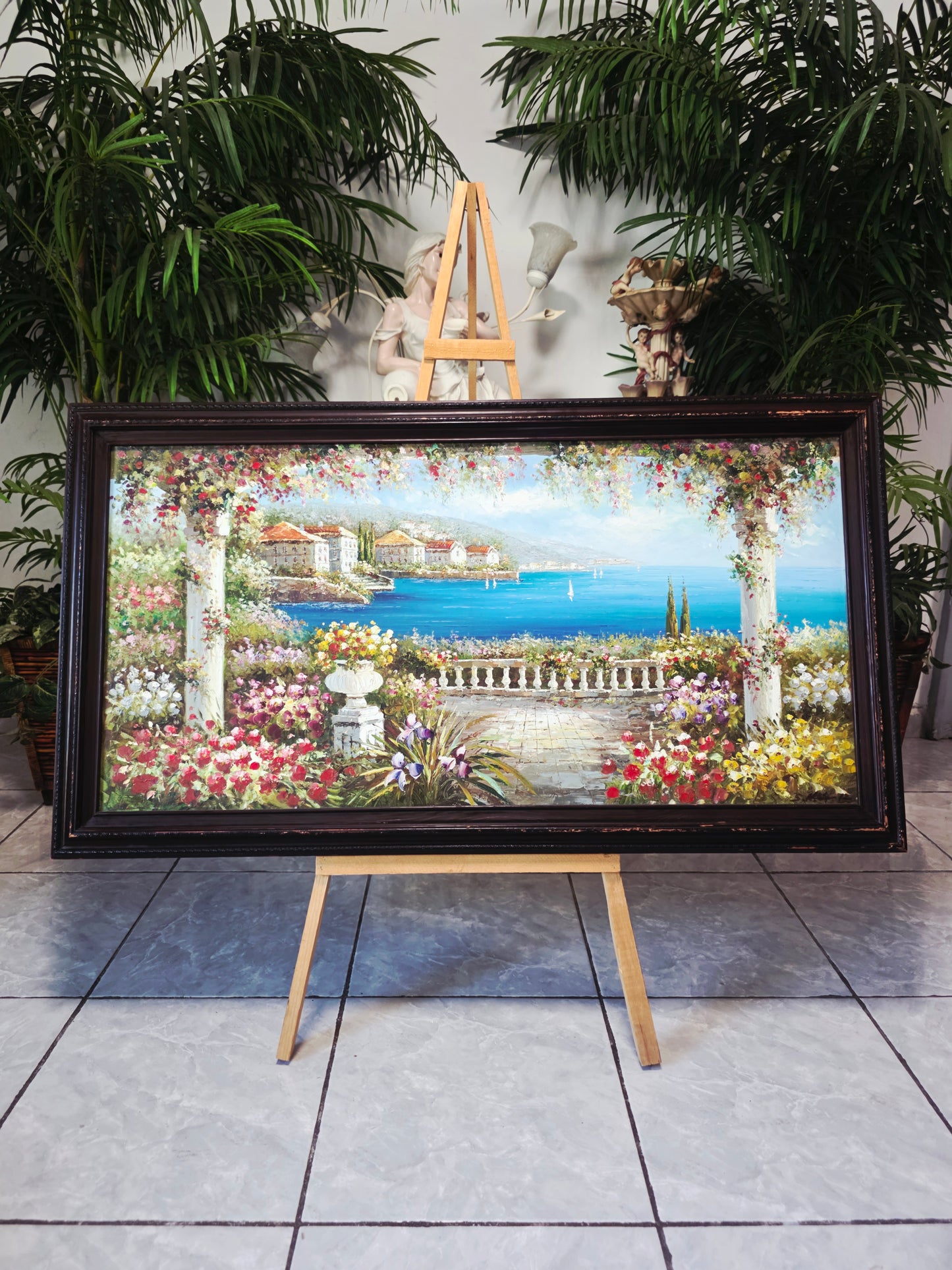Cuadro al Oleo Firmado por S.N.L. – Paisaje Costero Mediterráneo 🌸🏛️🌸