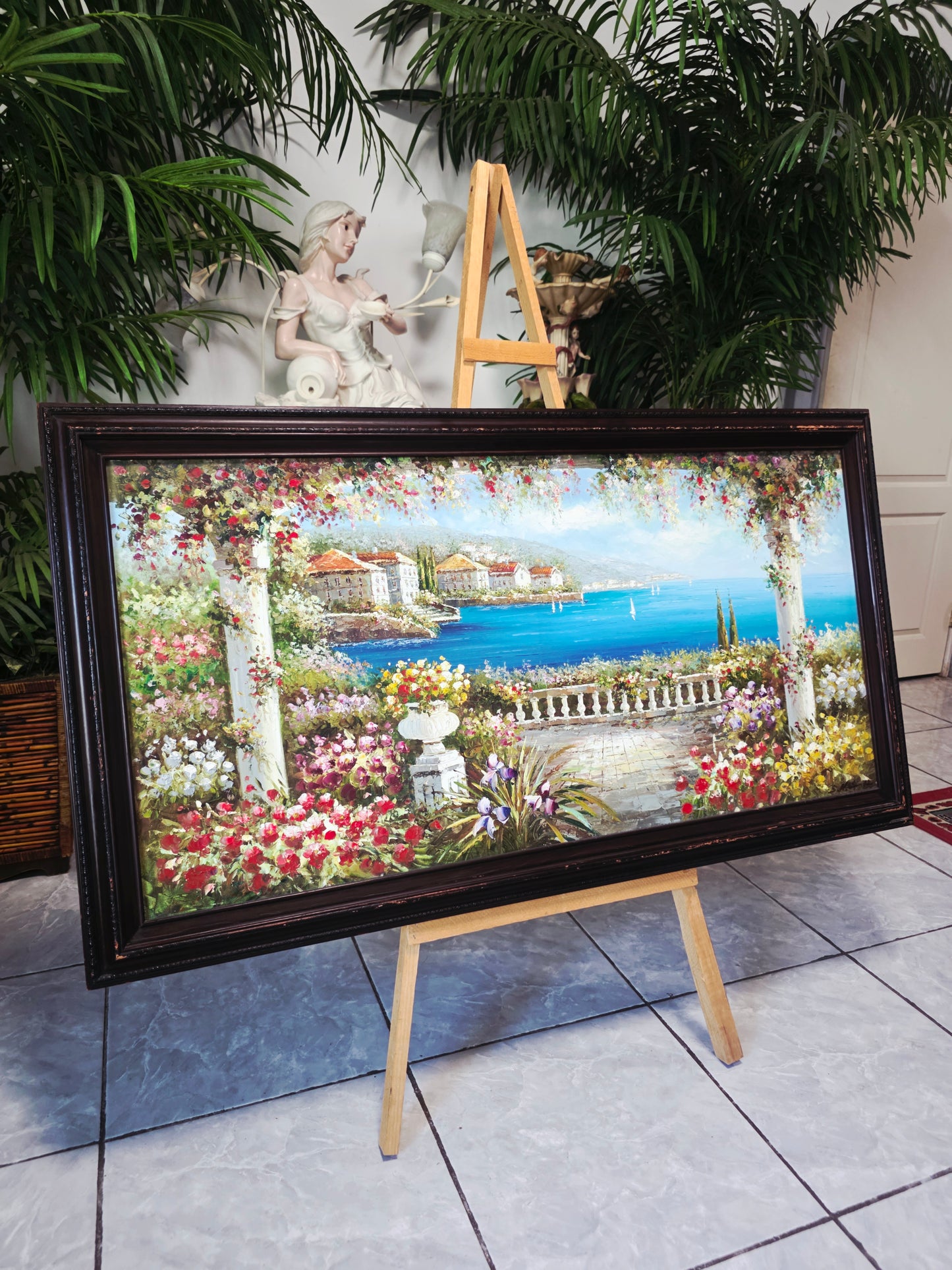Cuadro al Oleo Firmado por S.N.L. – Paisaje Costero Mediterráneo 🌸🏛️🌸