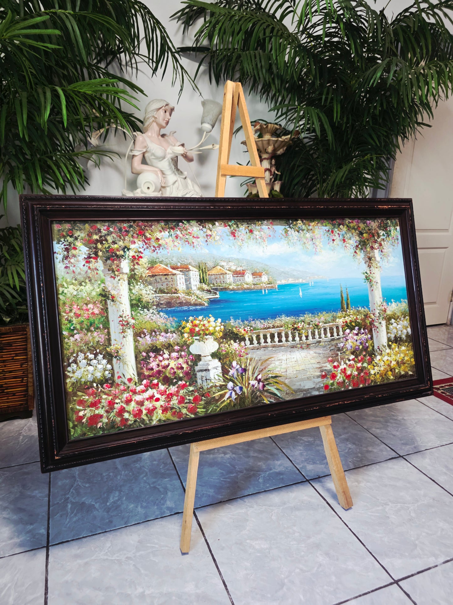 Cuadro al Oleo Firmado por S.N.L. – Paisaje Costero Mediterráneo 🌸🏛️🌸