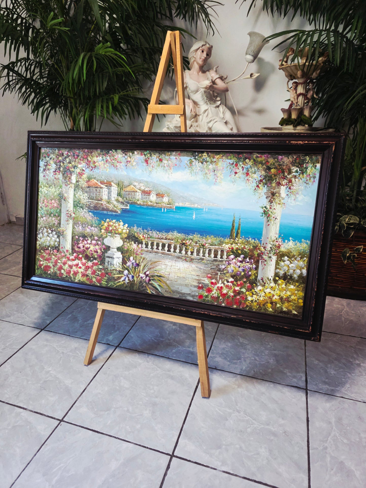 Cuadro al Oleo Firmado por S.N.L. – Paisaje Costero Mediterráneo 🌸🏛️🌸