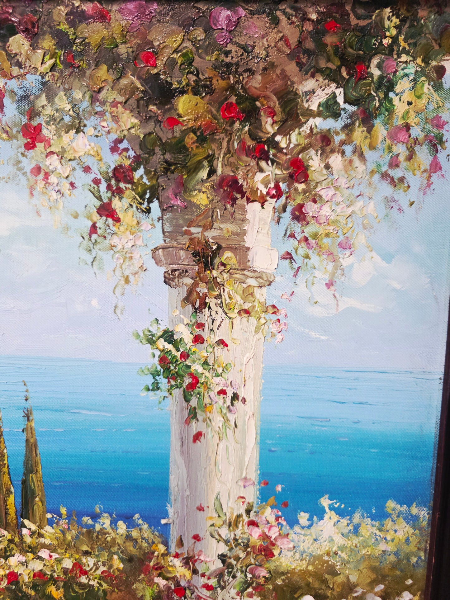 Cuadro al Oleo Firmado por S.N.L. – Paisaje Costero Mediterráneo 🌸🏛️🌸
