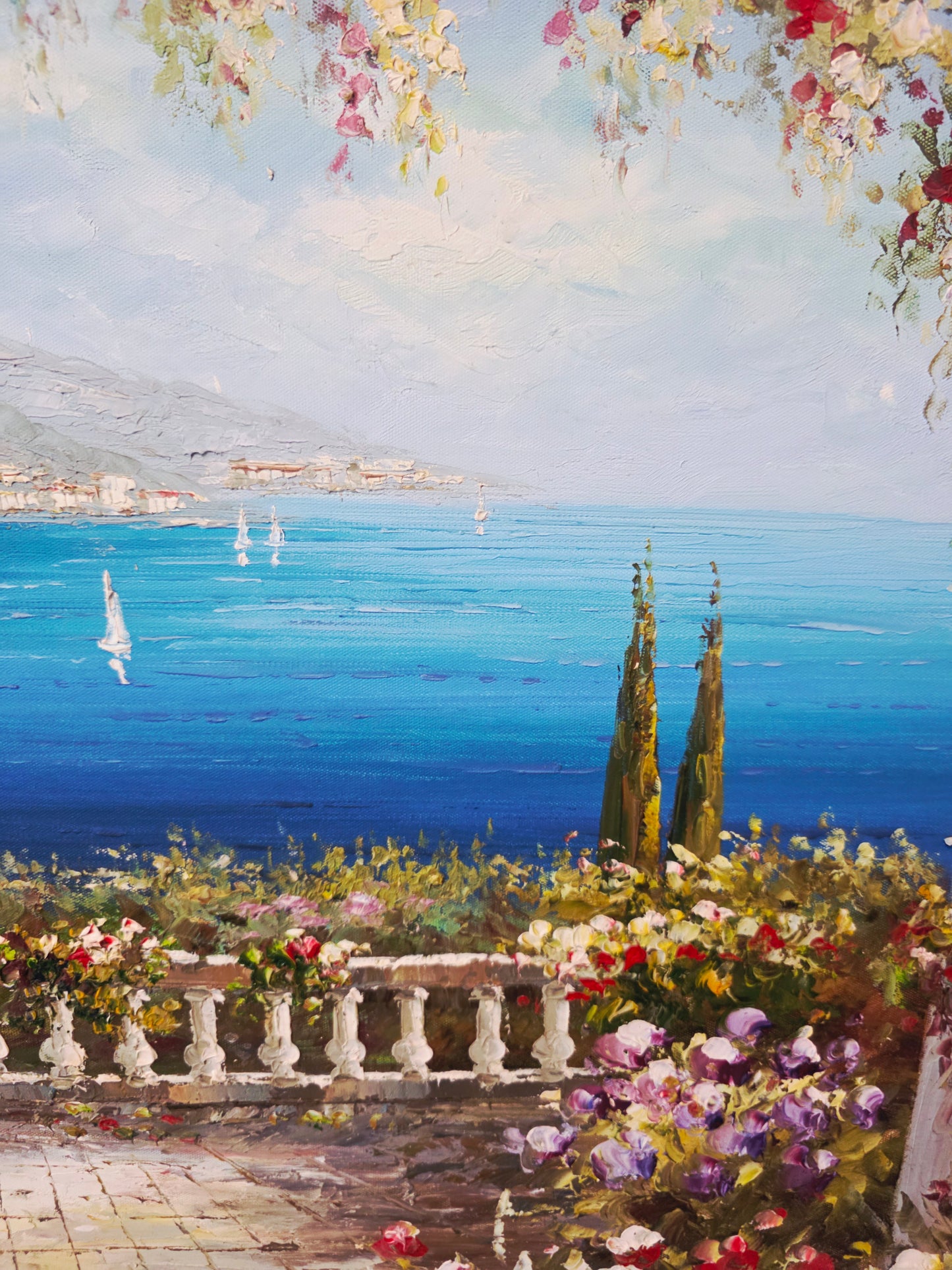 Cuadro al Oleo Firmado por S.N.L. – Paisaje Costero Mediterráneo 🌸🏛️🌸