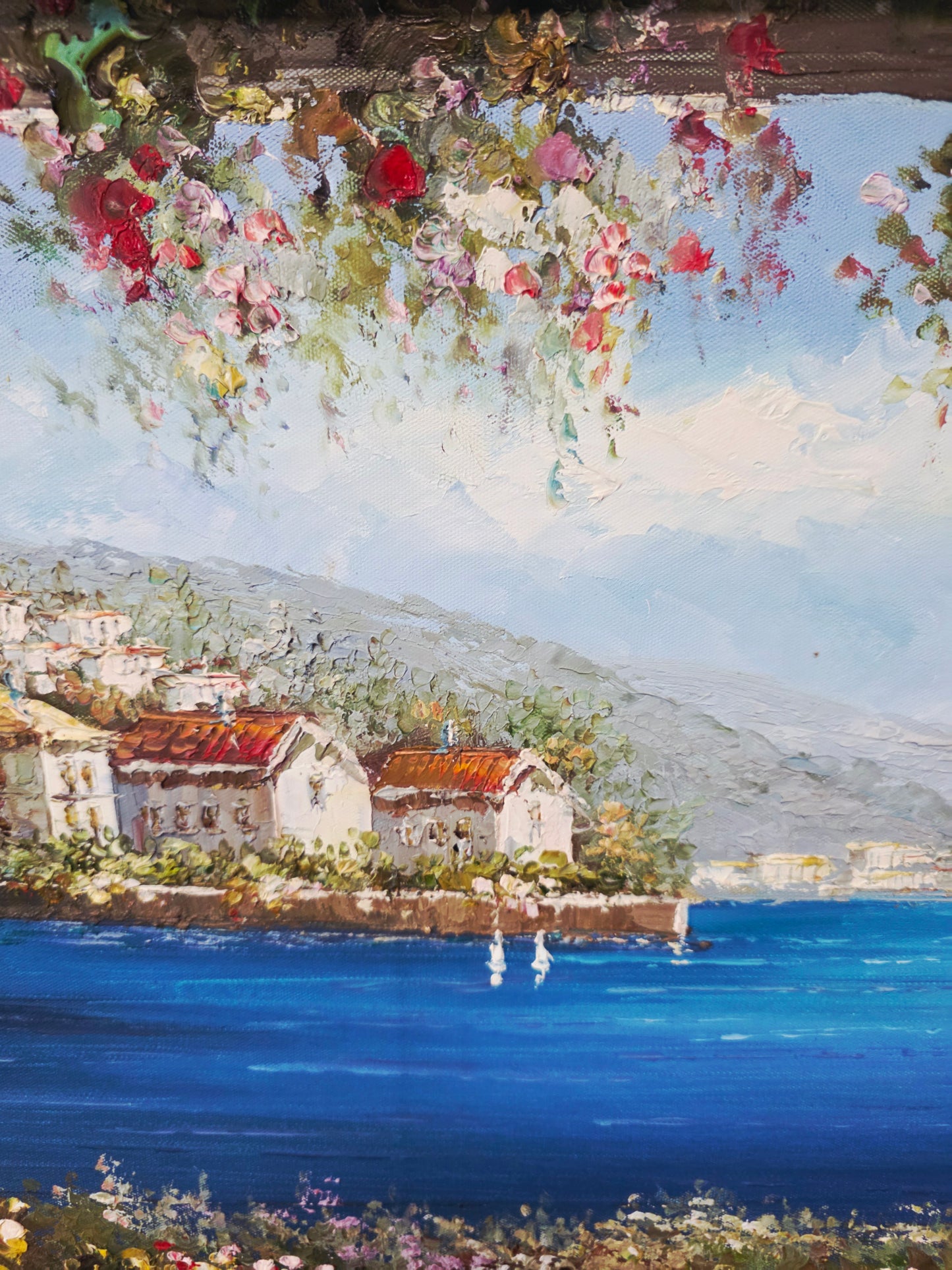 Cuadro al Oleo Firmado por S.N.L. – Paisaje Costero Mediterráneo 🌸🏛️🌸