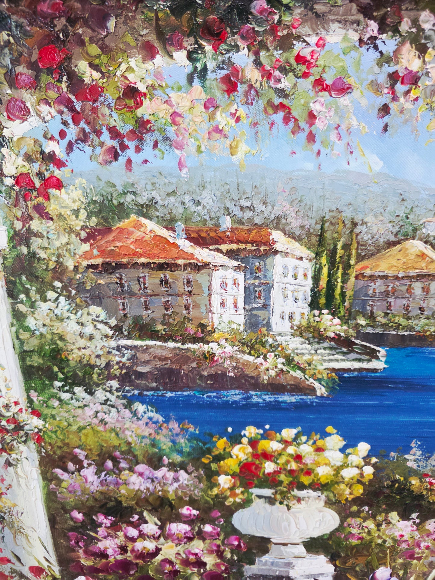 Cuadro al Oleo Firmado por S.N.L. – Paisaje Costero Mediterráneo 🌸🏛️🌸