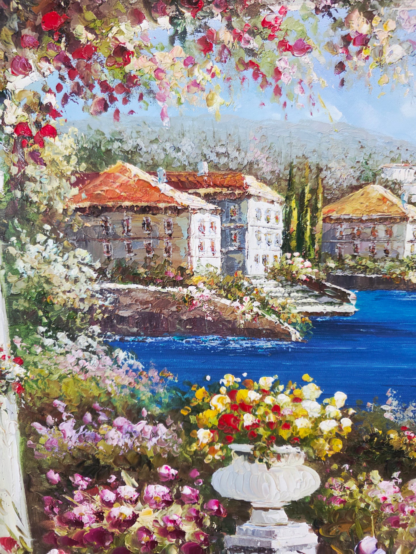 Cuadro al Oleo Firmado por S.N.L. – Paisaje Costero Mediterráneo 🌸🏛️🌸