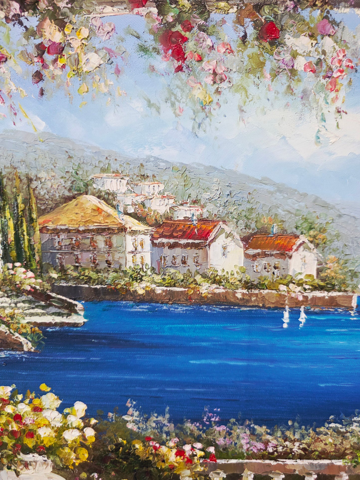 Cuadro al Oleo Firmado por S.N.L. – Paisaje Costero Mediterráneo 🌸🏛️🌸