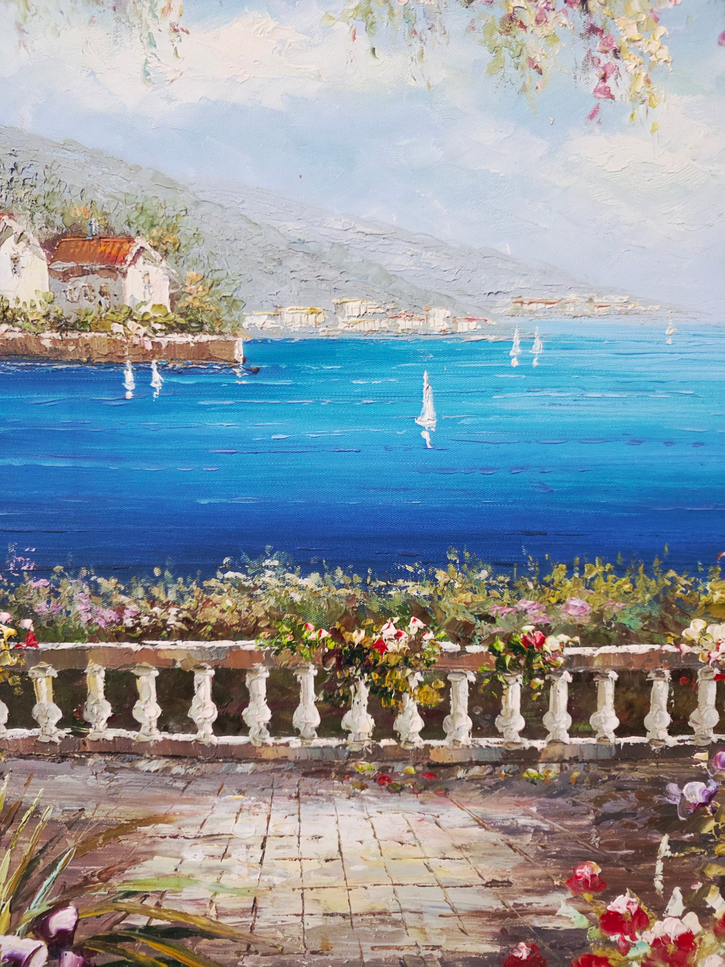 Cuadro al Oleo Firmado por S.N.L. – Paisaje Costero Mediterráneo 🌸🏛️🌸
