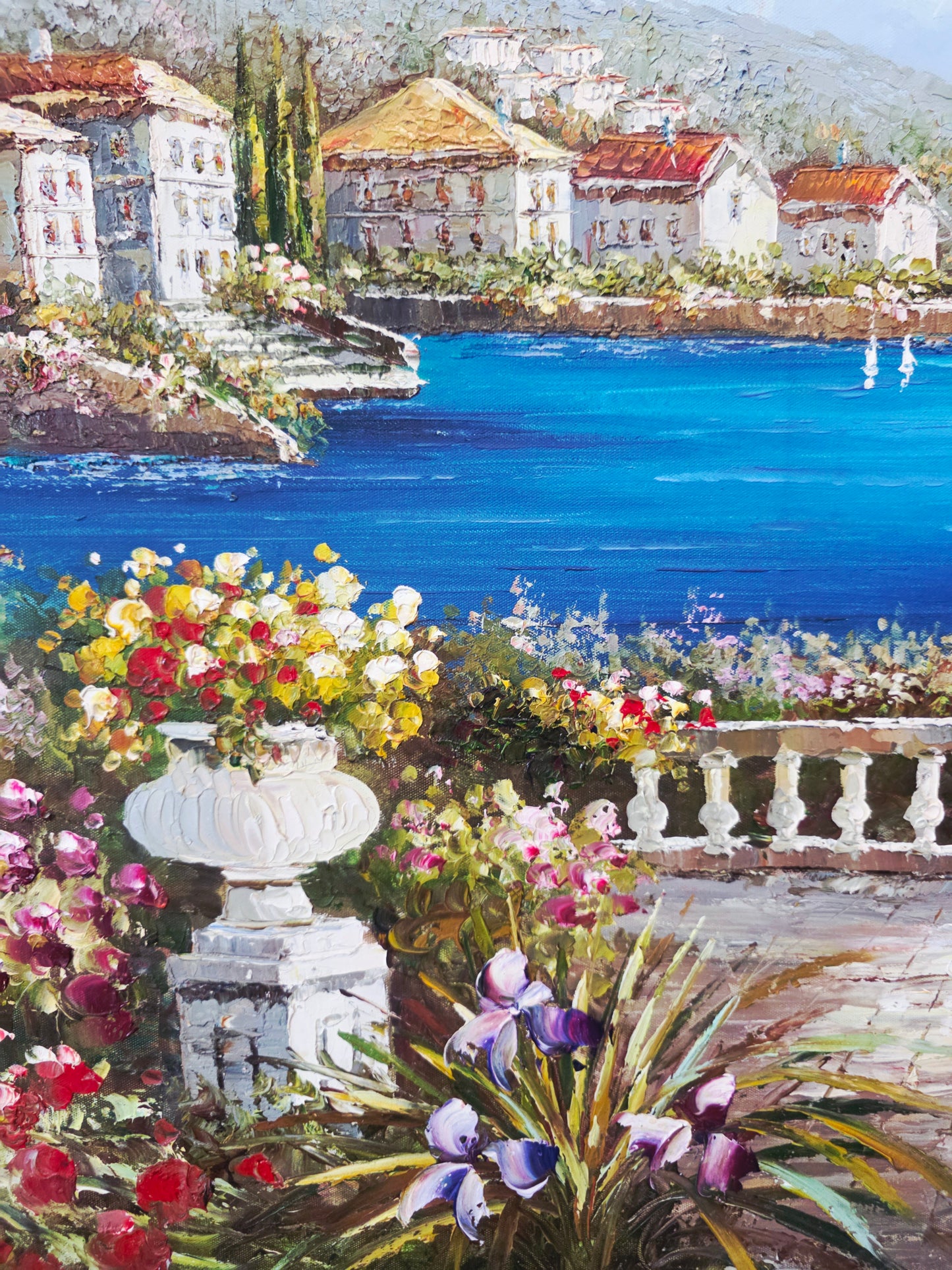 Cuadro al Oleo Firmado por S.N.L. – Paisaje Costero Mediterráneo 🌸🏛️🌸