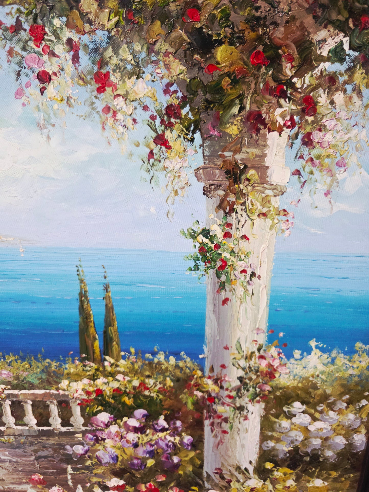Cuadro al Oleo Firmado por S.N.L. – Paisaje Costero Mediterráneo 🌸🏛️🌸