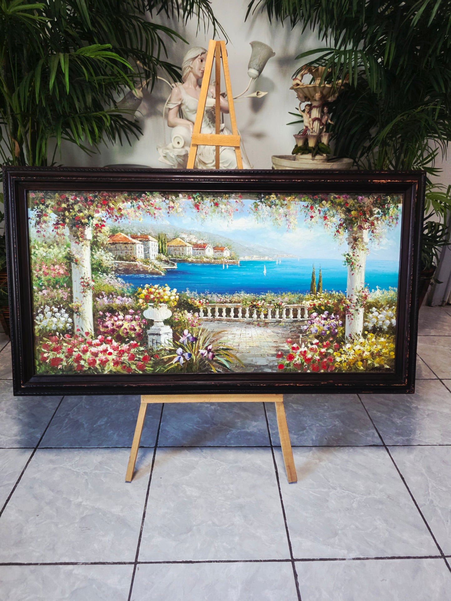 Cuadro al Oleo Firmado por S.N.L. – Paisaje Costero Mediterráneo 🌸🏛️🌸