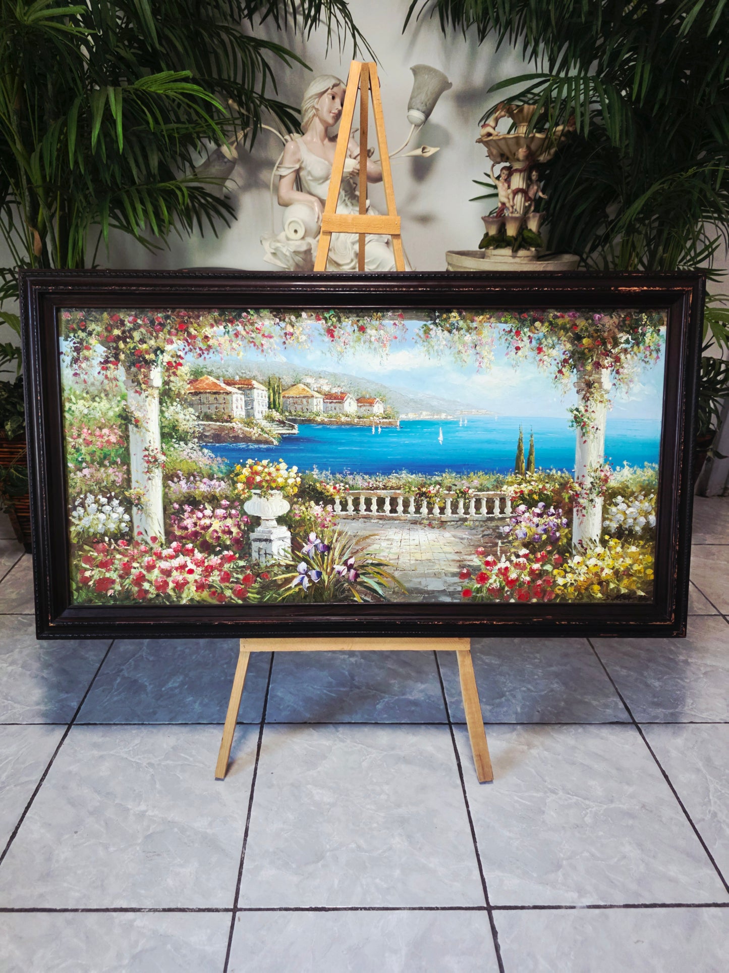 Cuadro al Oleo Firmado por S.N.L. – Paisaje Costero Mediterráneo 🌸🏛️🌸
