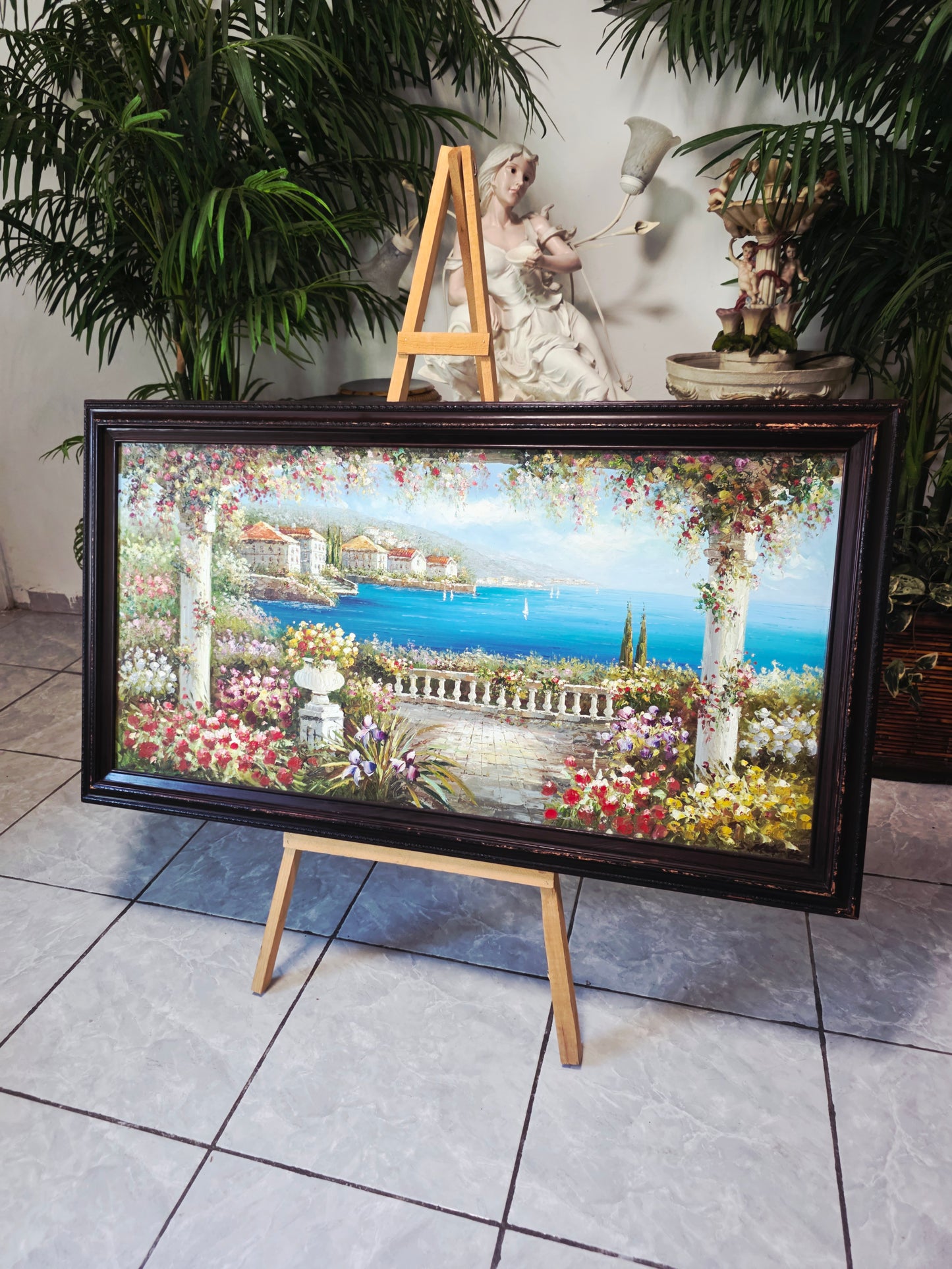 Cuadro al Oleo Firmado por S.N.L. – Paisaje Costero Mediterráneo 🌸🏛️🌸