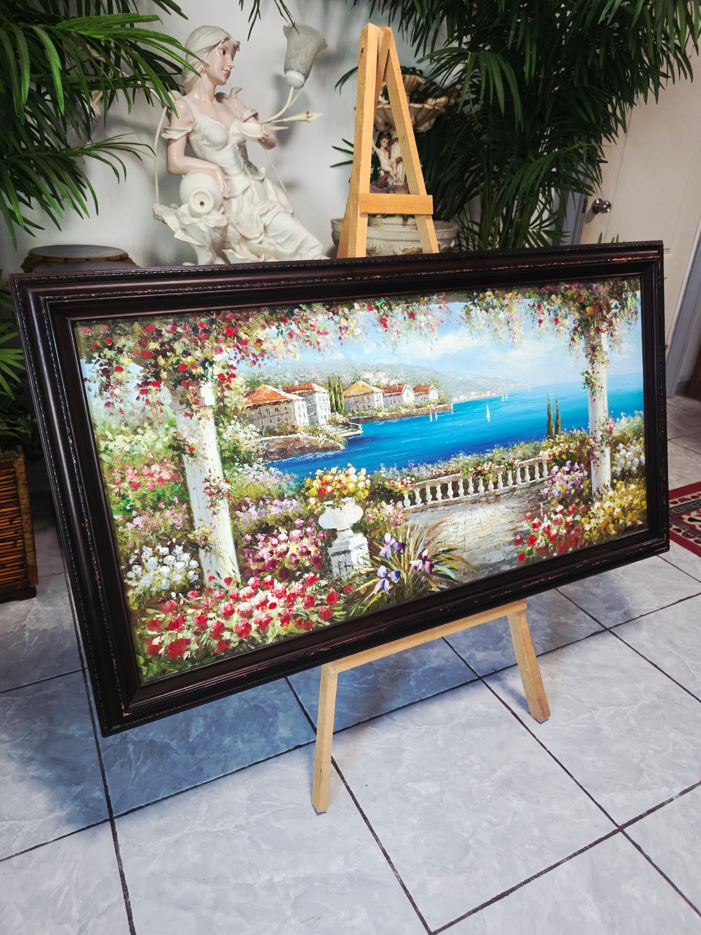 Cuadro al Oleo Firmado por S.N.L. – Paisaje Costero Mediterráneo 🌸🏛️🌸