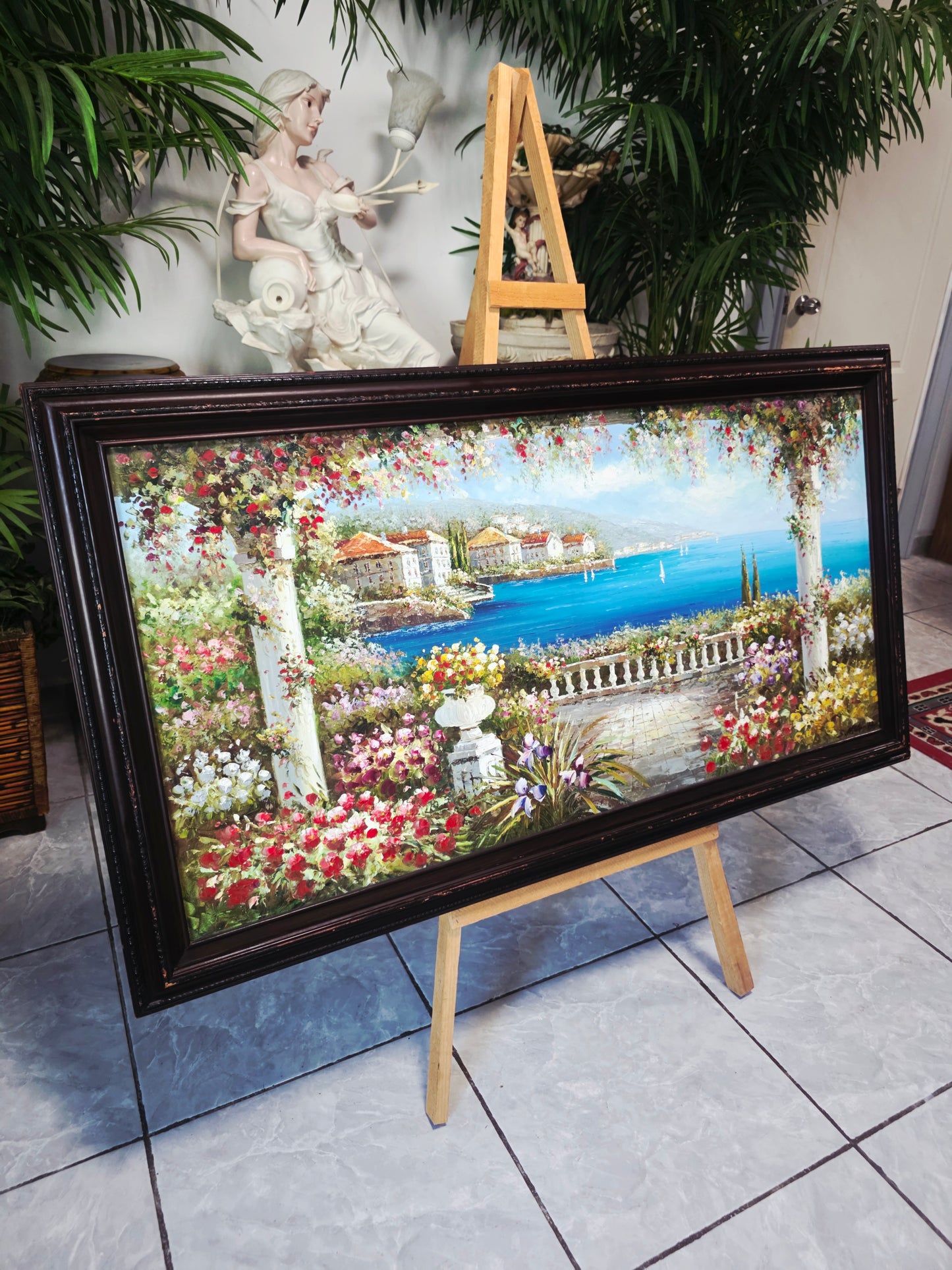 Cuadro al Oleo Firmado por S.N.L. – Paisaje Costero Mediterráneo 🌸🏛️🌸