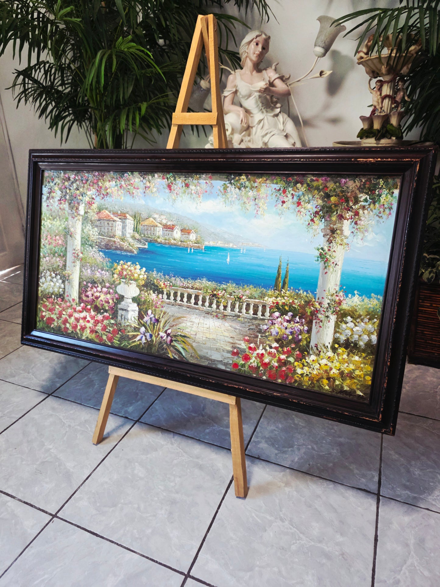 Cuadro al Oleo Firmado por S.N.L. – Paisaje Costero Mediterráneo 🌸🏛️🌸