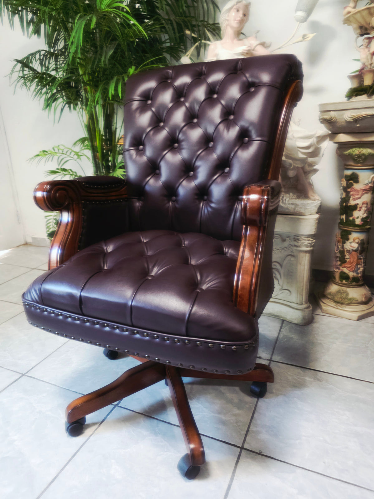 Executive Chair in Dark Chocolate Leatherette with Bronze Studs ✨🌿🏛️🪑