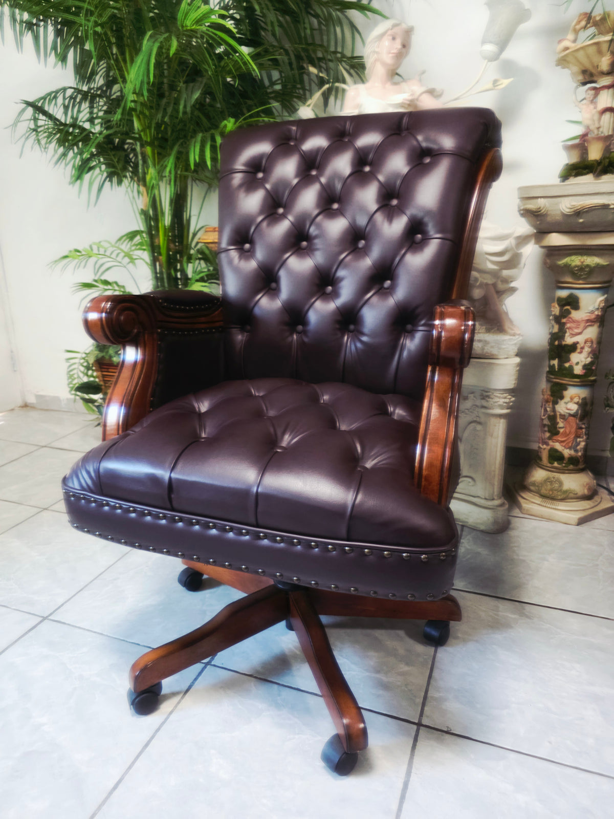 Executive Chair in Dark Chocolate Leatherette with Bronze Studs ✨🌿🏛️🪑