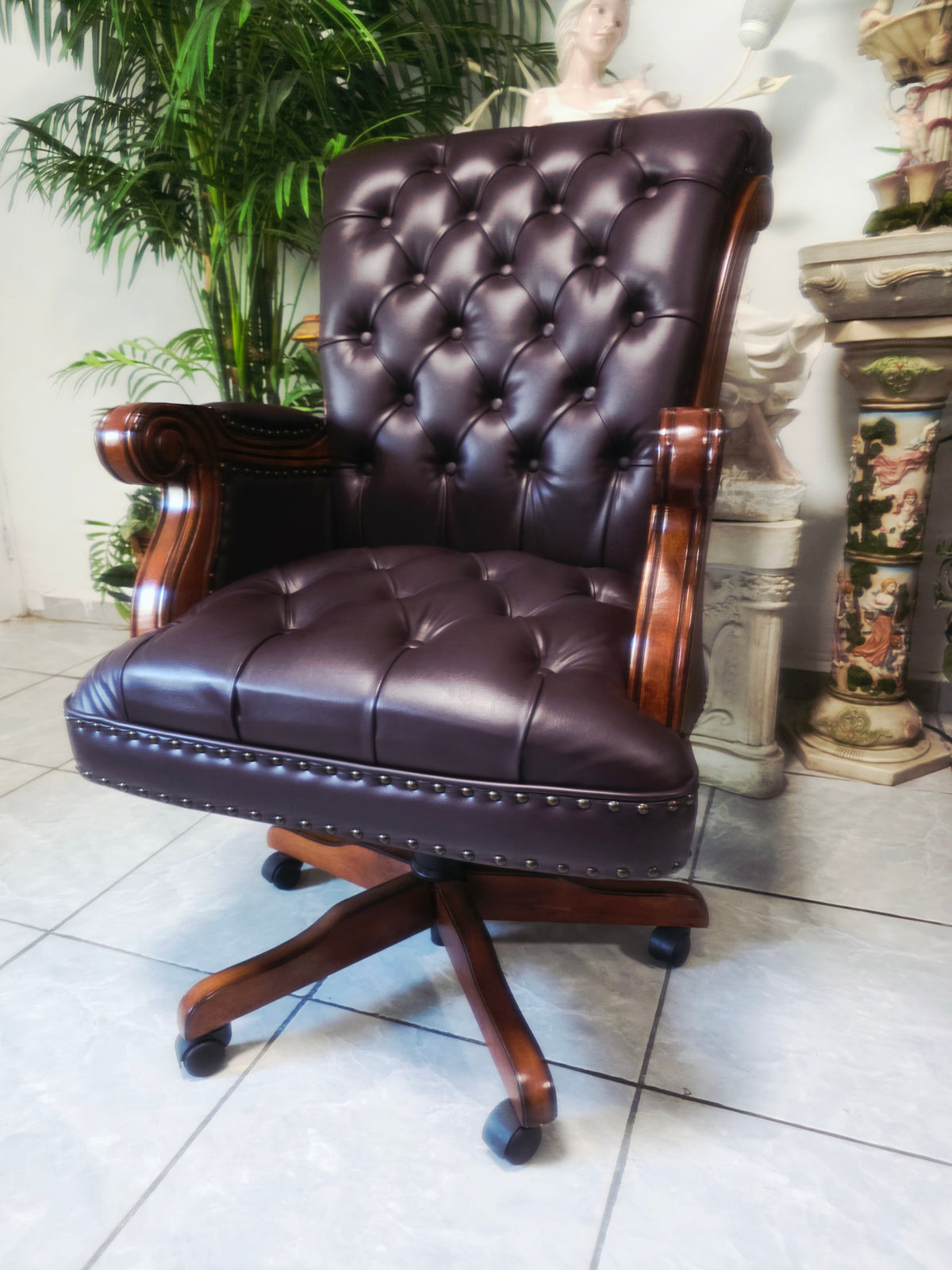 Executive Chair in Dark Chocolate Leatherette with Bronze Studs ✨🌿🏛️🪑