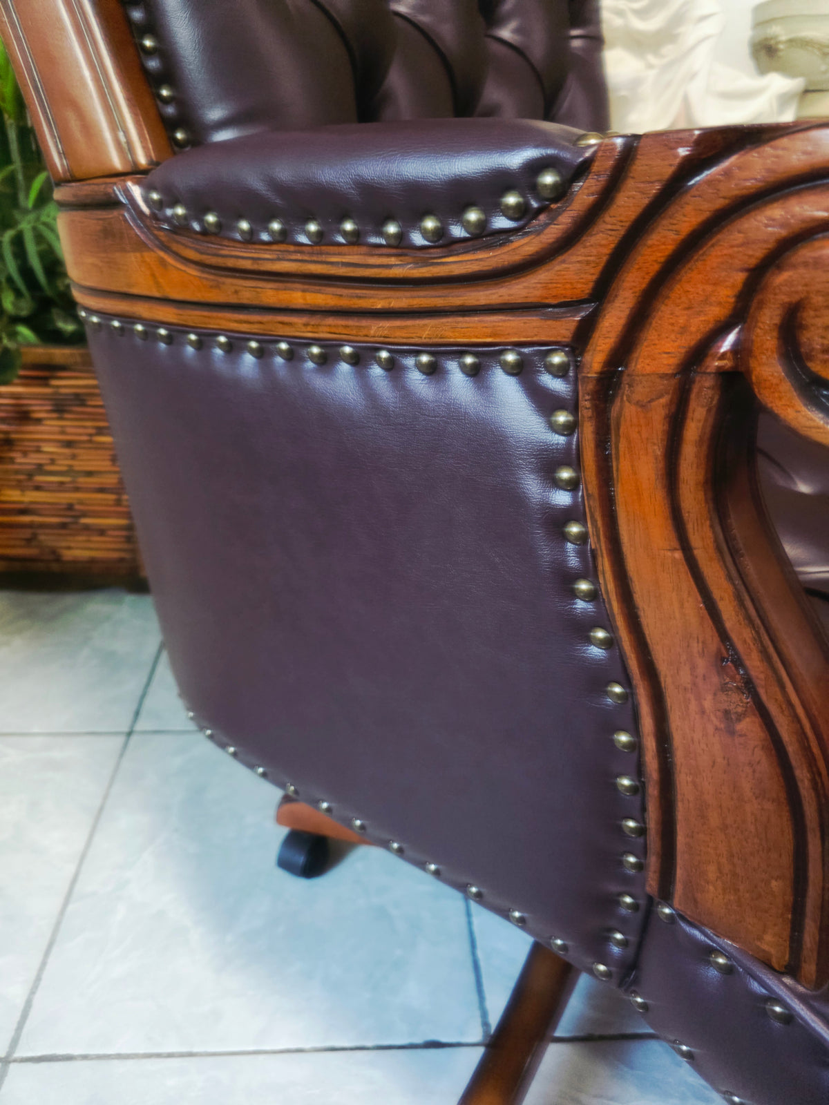 Executive Chair in Dark Chocolate Leatherette with Bronze Studs ✨🌿🏛️🪑