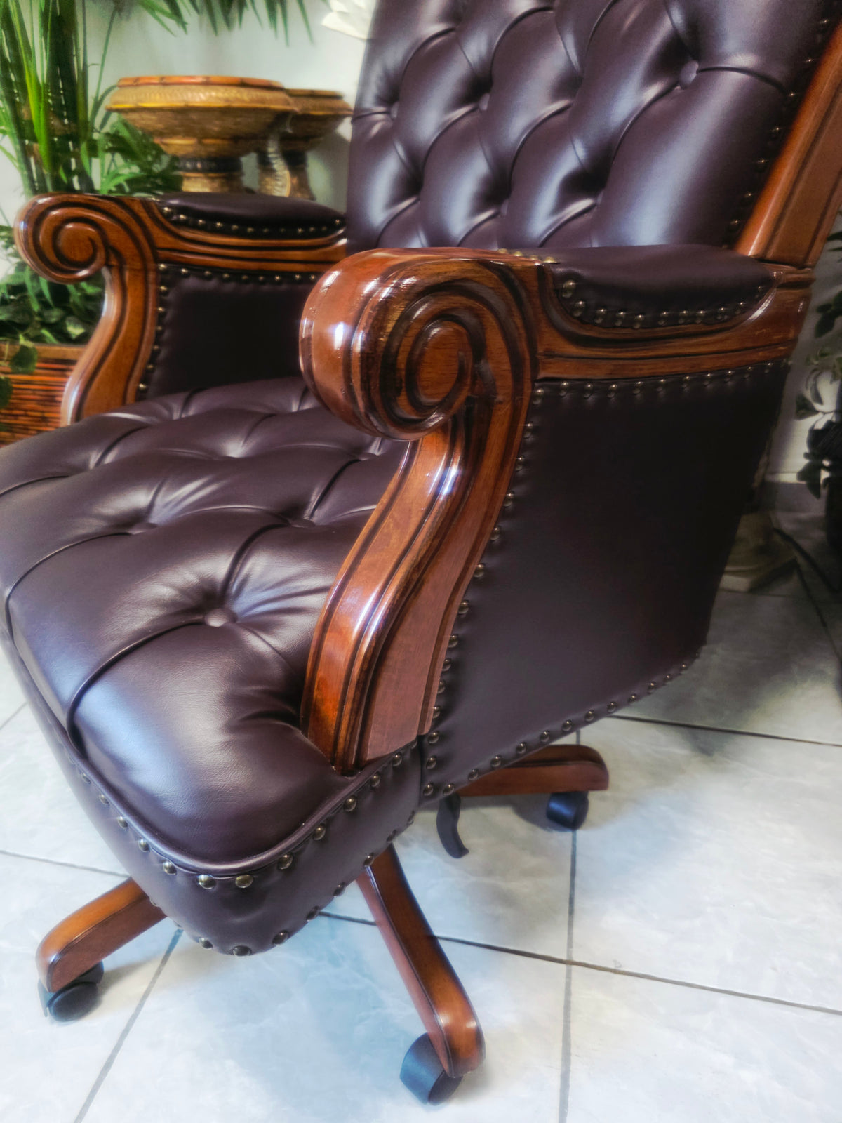 Executive Chair in Dark Chocolate Leatherette with Bronze Studs ✨🌿🏛️🪑