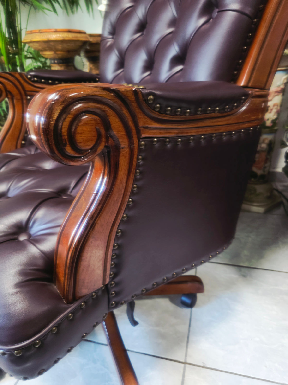 Executive Chair in Dark Chocolate Leatherette with Bronze Studs ✨🌿🏛️🪑