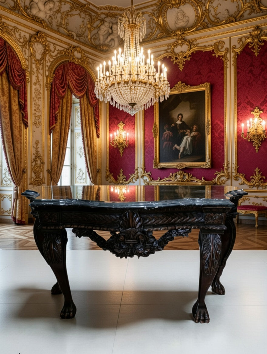 🖤 Credenza Tallada en Madera con Cubierta de Acabado Negro Distinguido 🪞🏛️✨