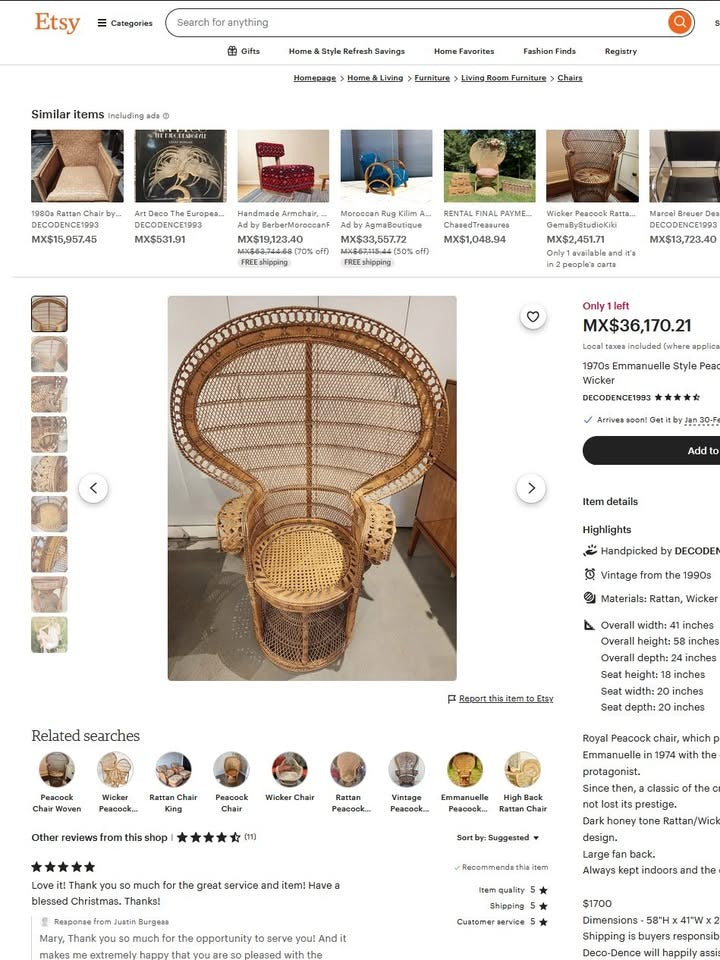 🌿Silla De Pavo Real, Estilo Emmanuello de la decada de 1970🌿