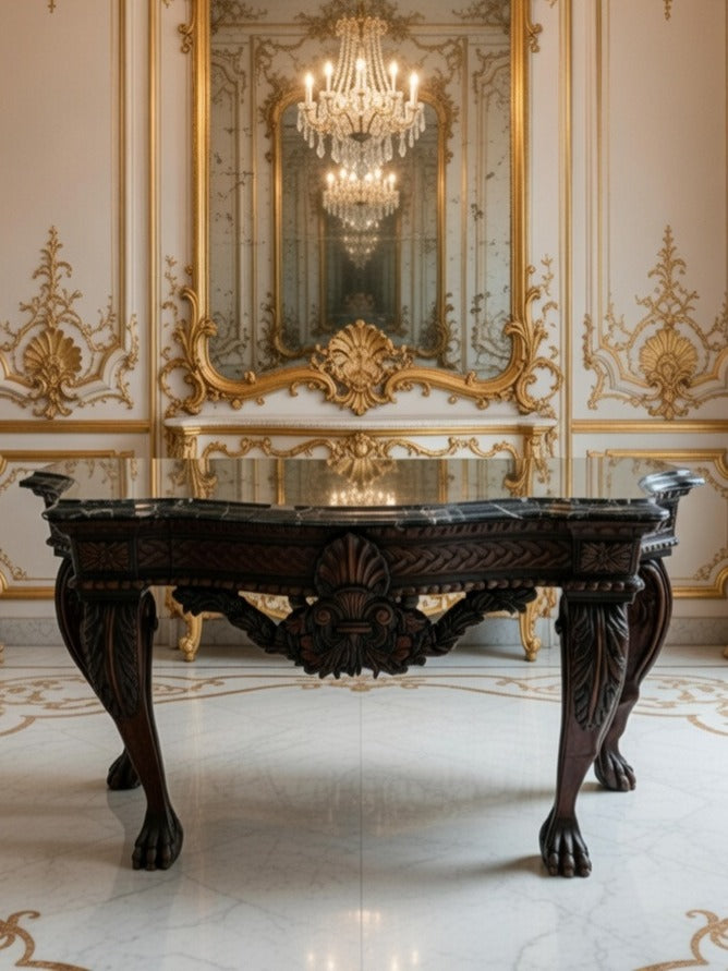 🖤 Credenza Tallada en Madera con Cubierta de Acabado Negro Distinguido 🪞🏛️✨