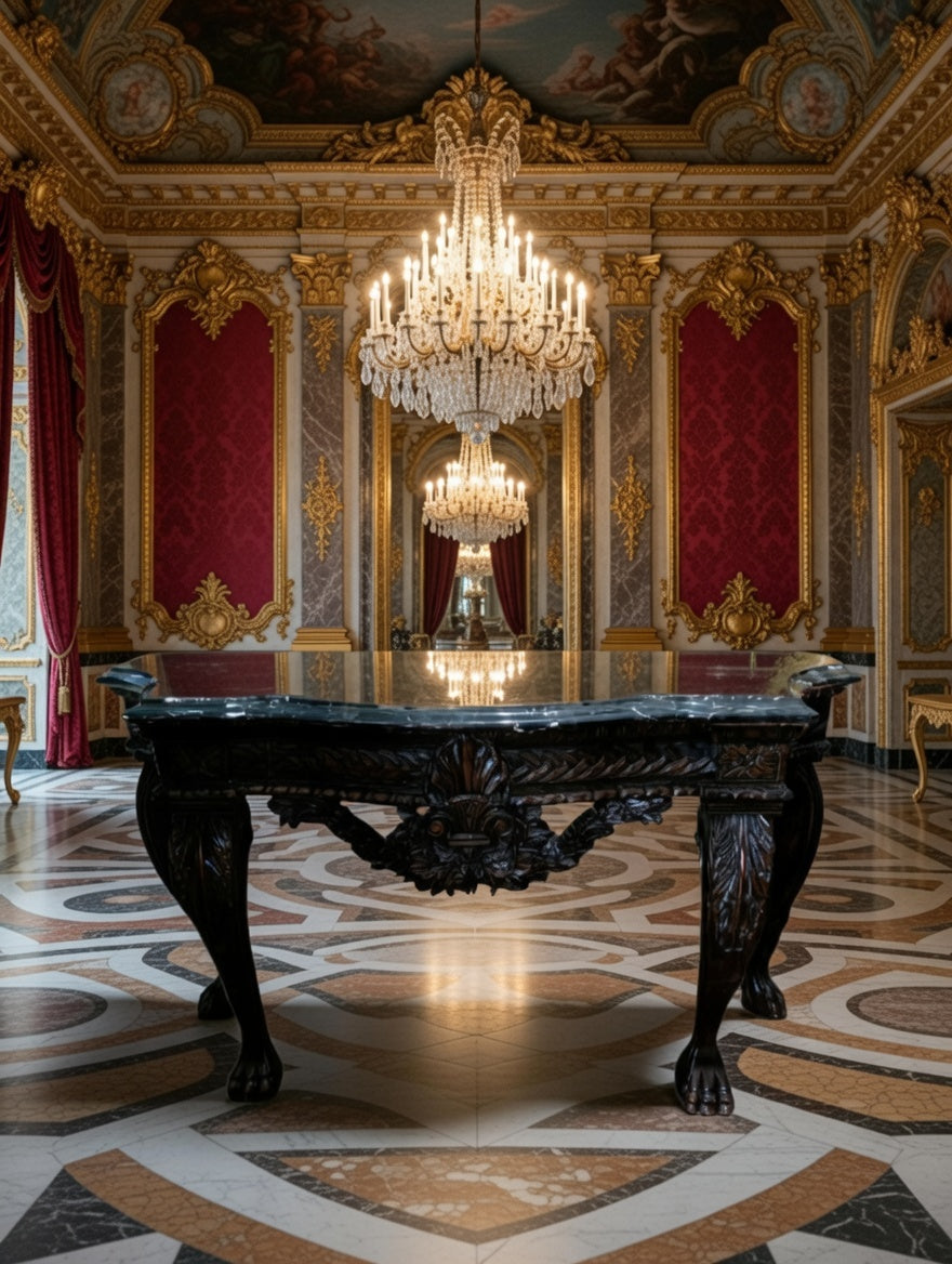 🖤 Credenza Tallada en Madera con Cubierta de Acabado Negro Distinguido 🪞🏛️✨