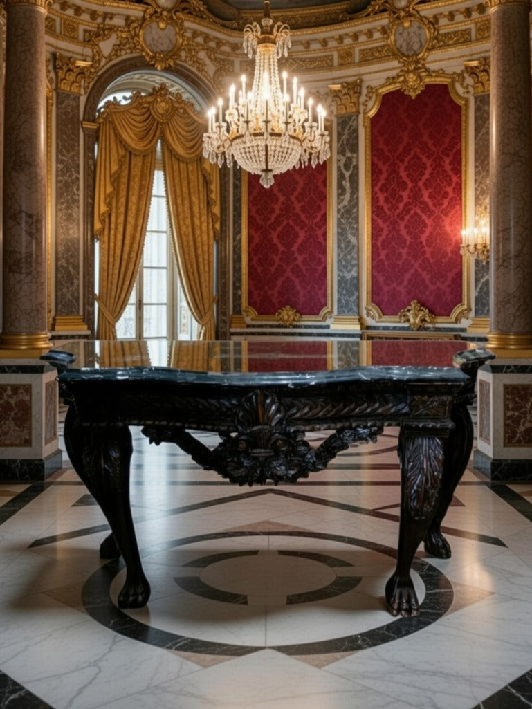 🖤 Credenza Tallada en Madera con Cubierta de Acabado Negro Distinguido 🪞🏛️✨