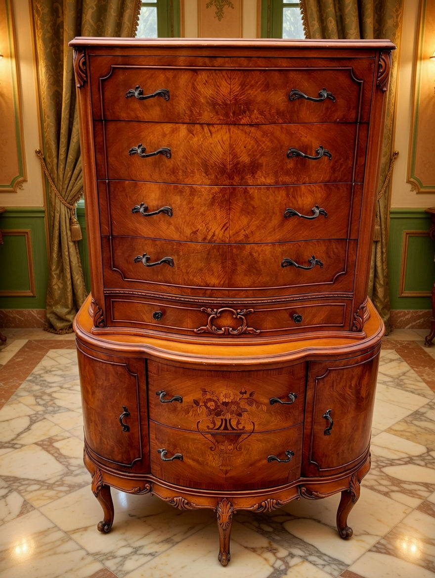 Antique Carved Dresser with Flamed Wood Veneer🍃🏺