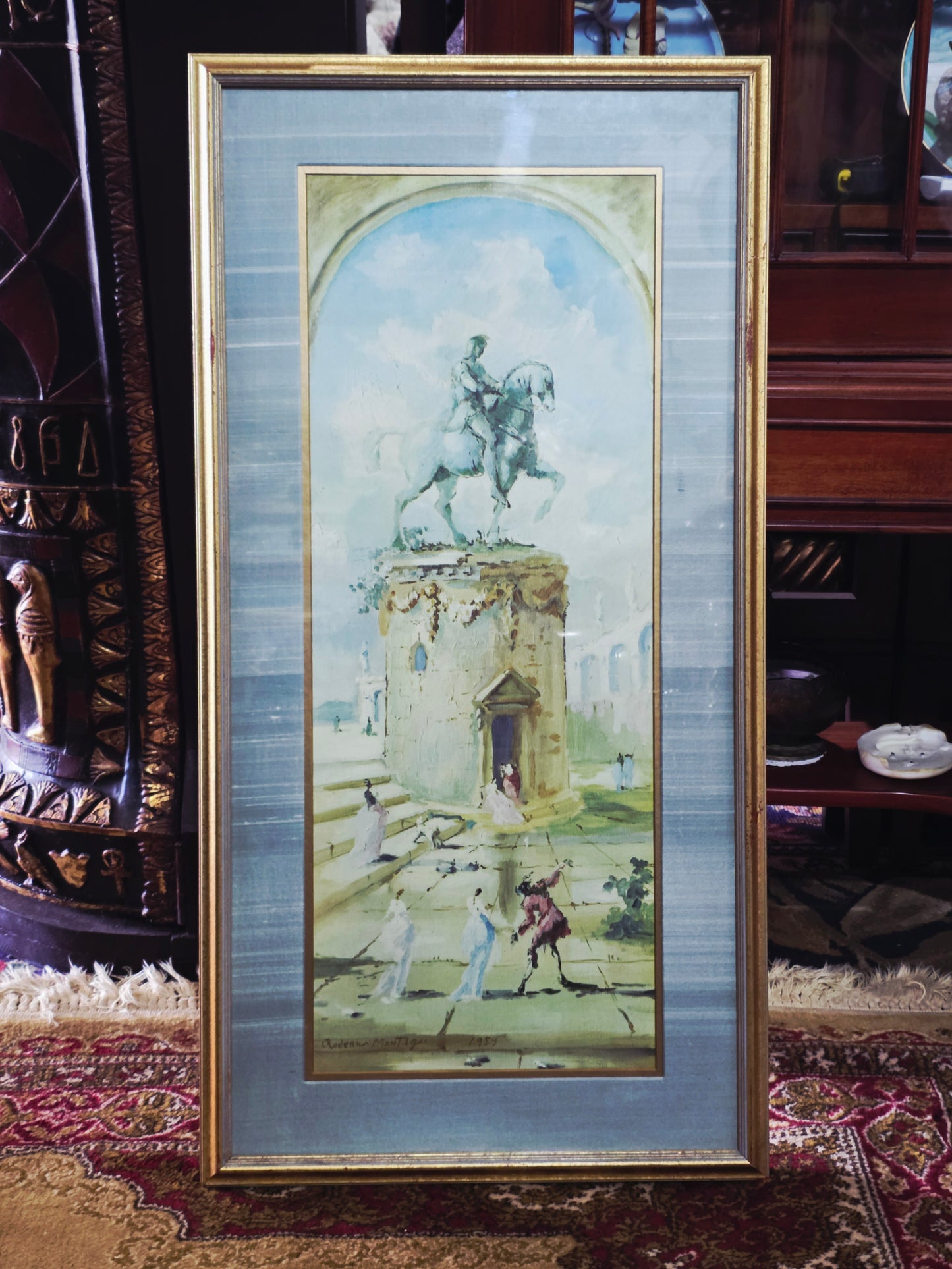 Vintage painting with equestrian statue and figures - Signed Adrien Montager 1959🌿🏛️🖼️