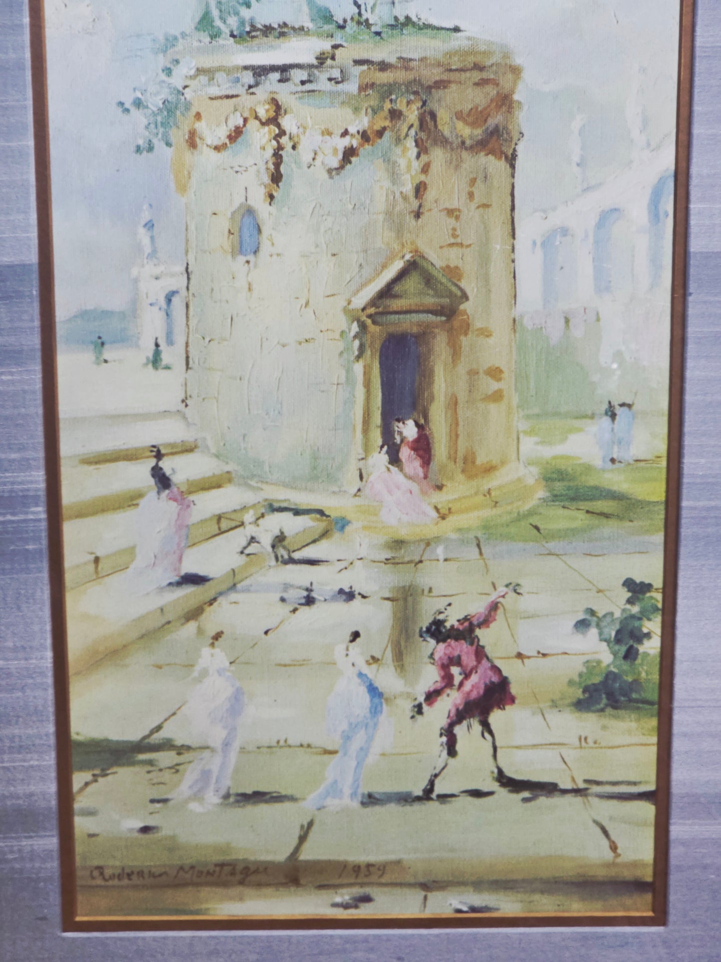Vintage painting with equestrian statue and figures - Signed Adrien Montager 1959🌿🏛️🖼️