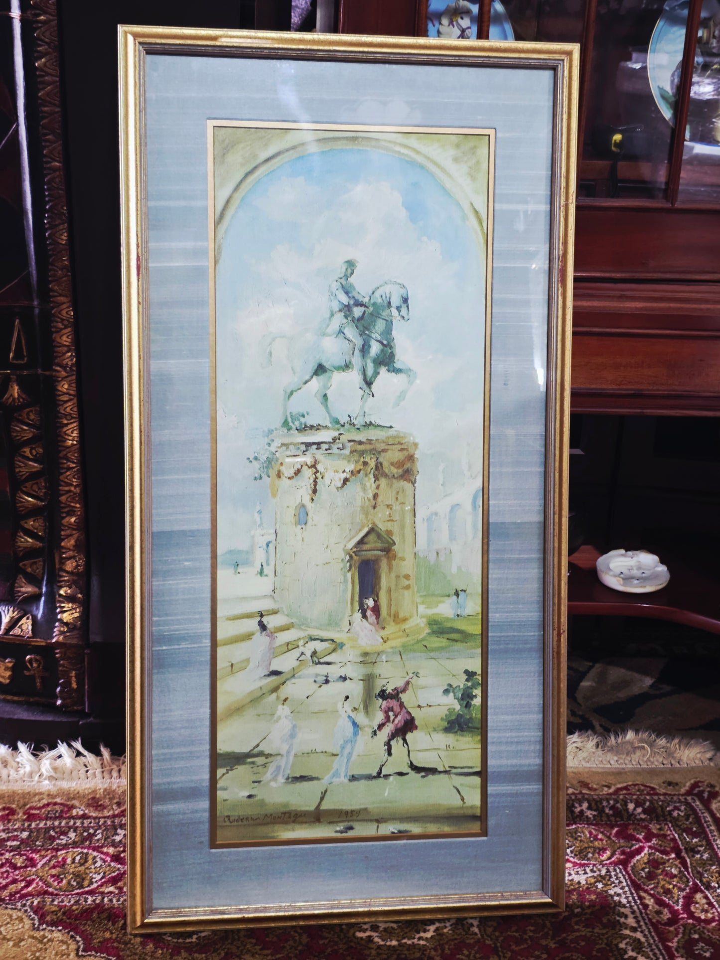 Vintage painting with equestrian statue and figures - Signed Adrien Montager 1959🌿🏛️🖼️