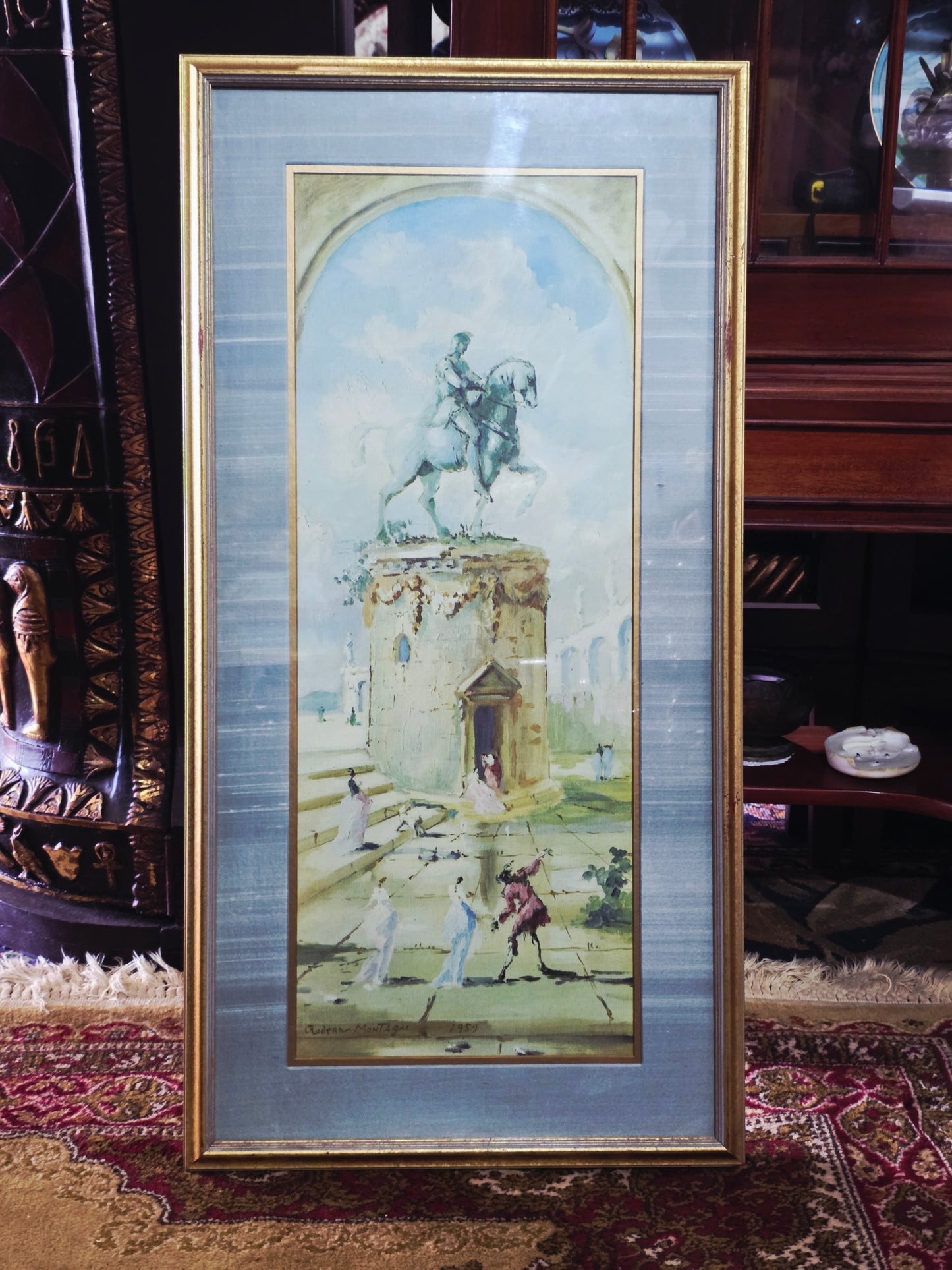Vintage painting with equestrian statue and figures - Signed Adrien Montager 1959🌿🏛️🖼️