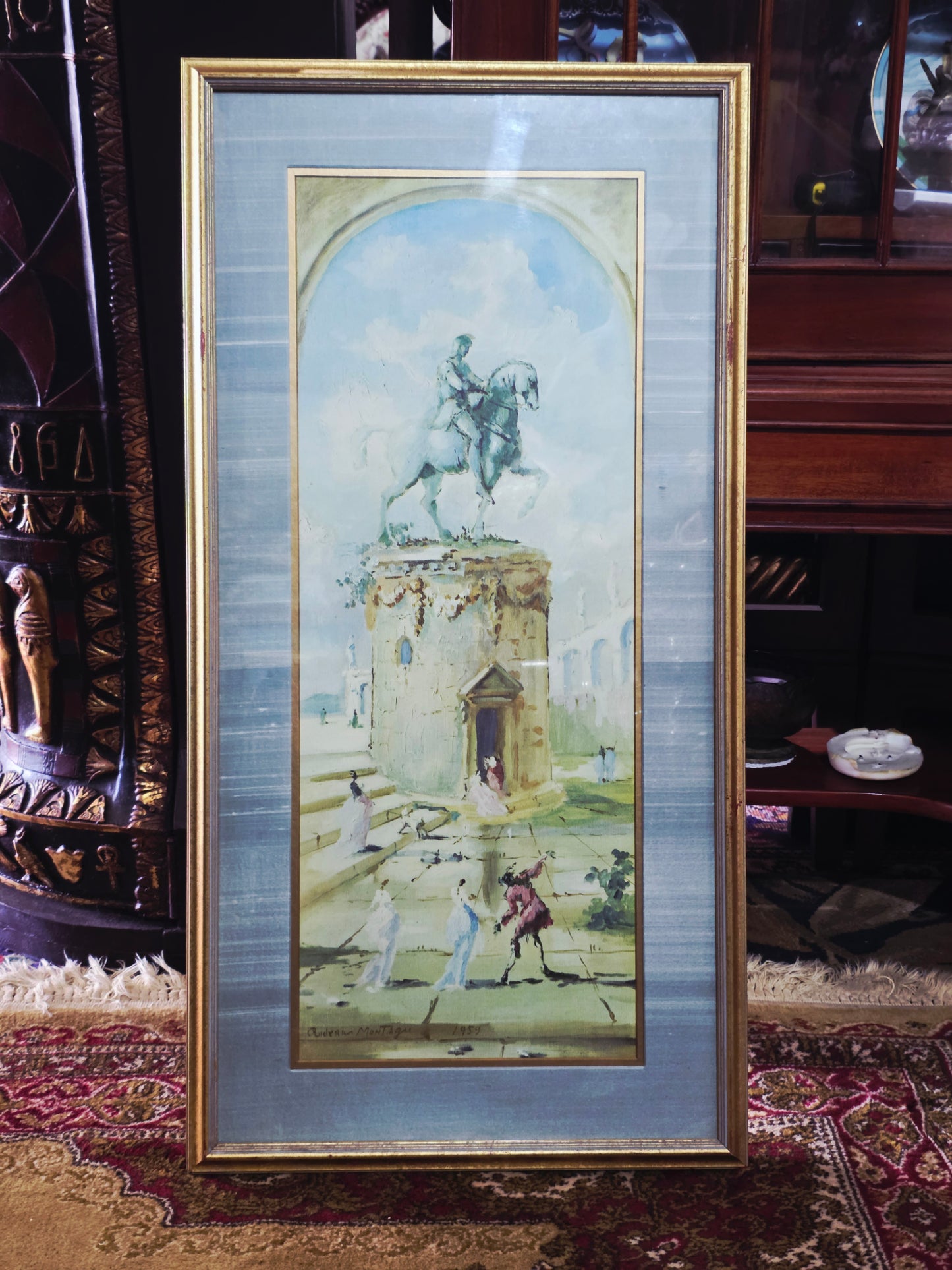 Vintage painting with equestrian statue and figures - Signed Adrien Montager 1959🌿🏛️🖼️