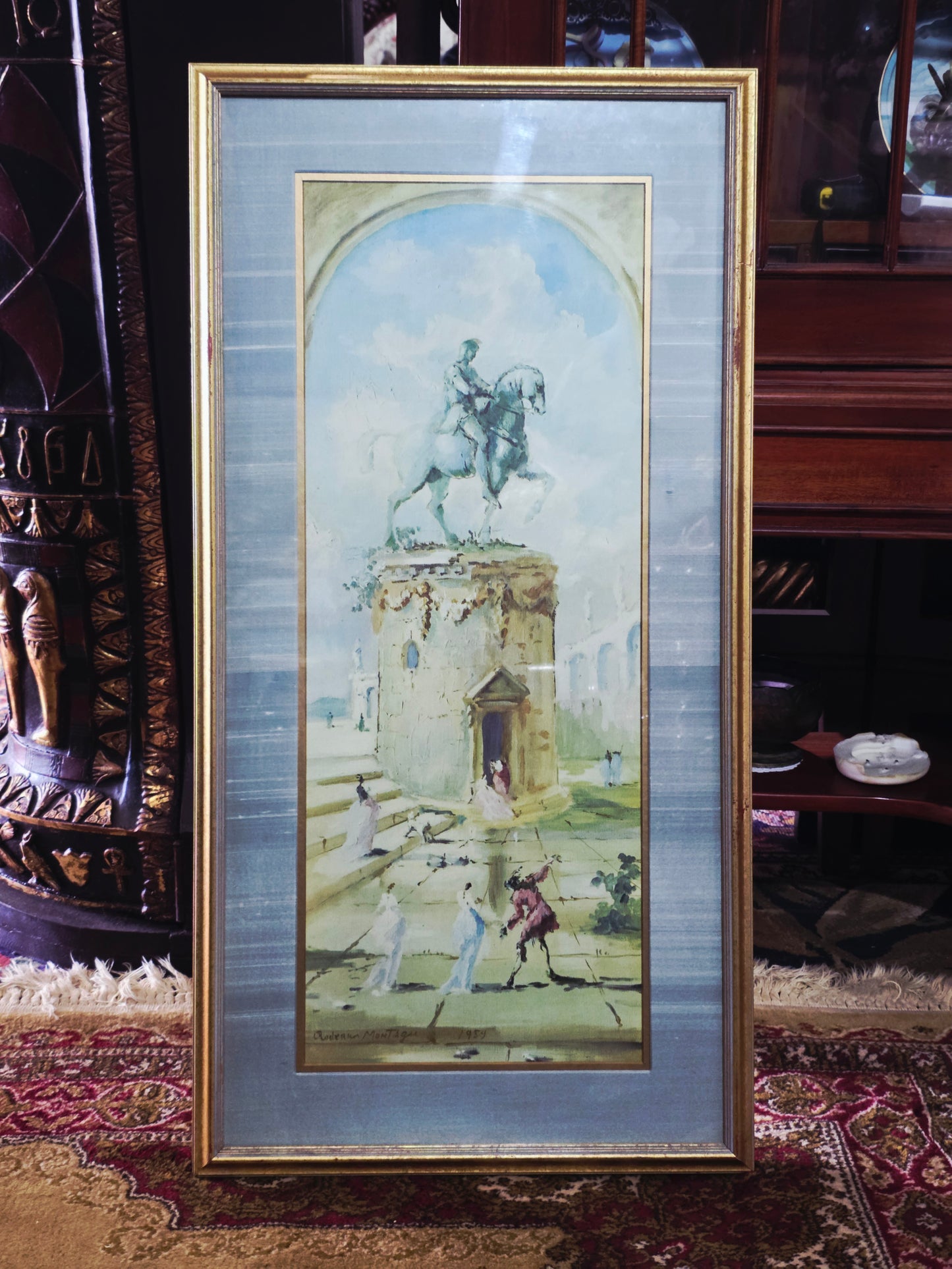 Vintage painting with equestrian statue and figures - Signed Adrien Montager 1959🌿🏛️🖼️
