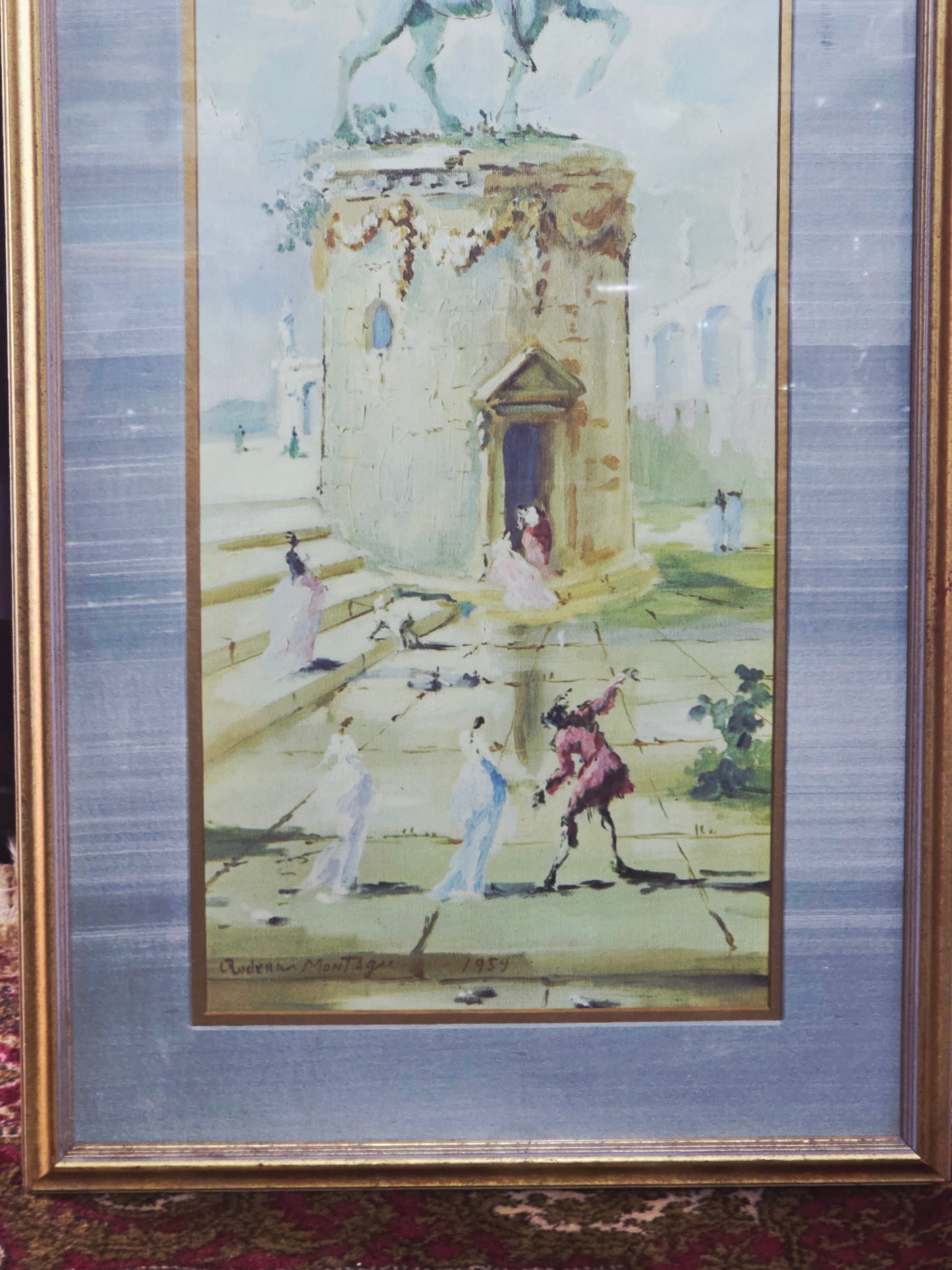 Vintage painting with equestrian statue and figures - Signed Adrien Montager 1959🌿🏛️🖼️