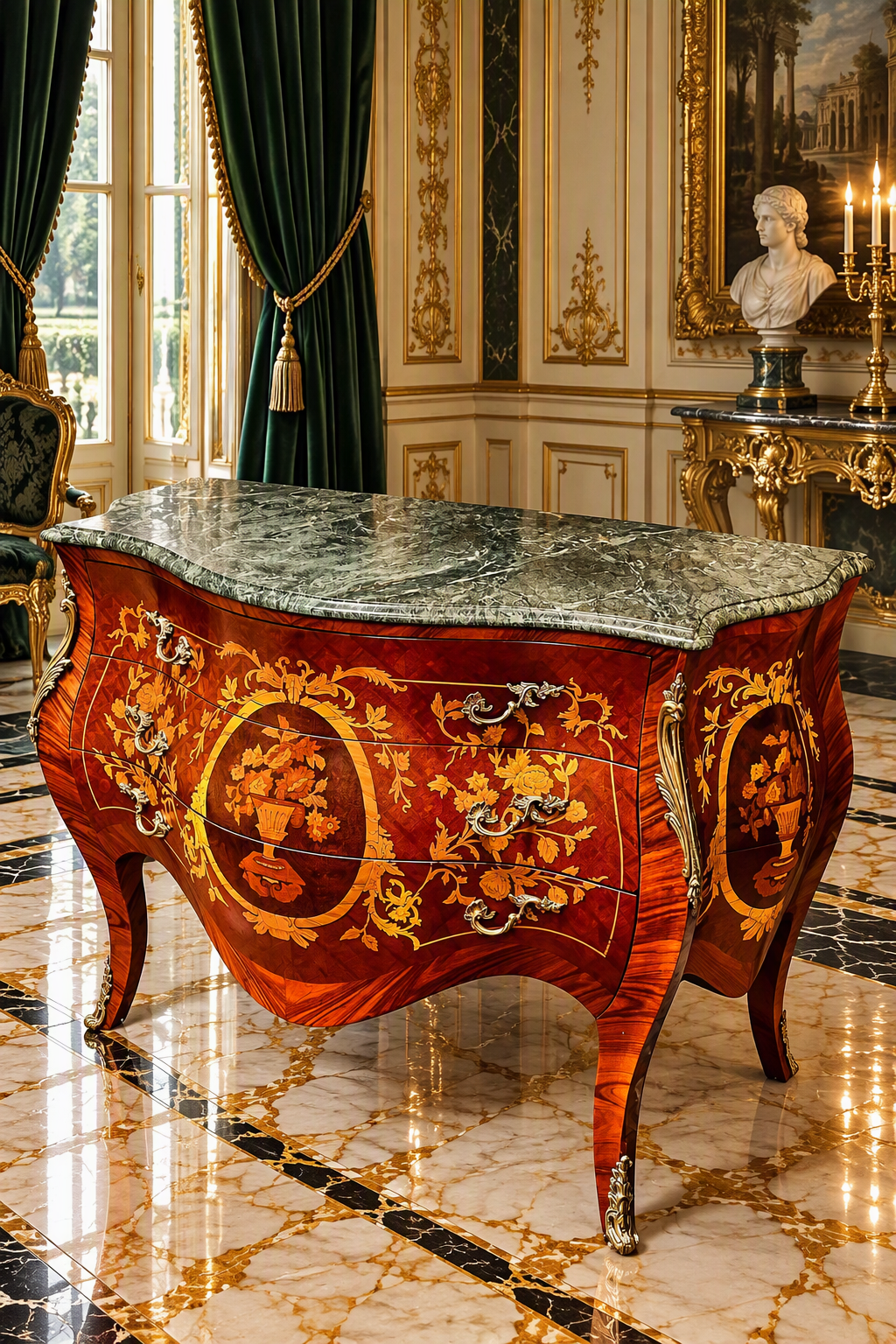 Bombe Francés con Marquetería, Bronce Dorado y Mármol Verde Pecho Paloma 🎩🌿