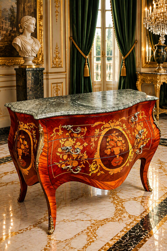 Bombe Francés con Marquetería, Bronce Dorado y Mármol Verde Pecho Paloma 🎩🌿